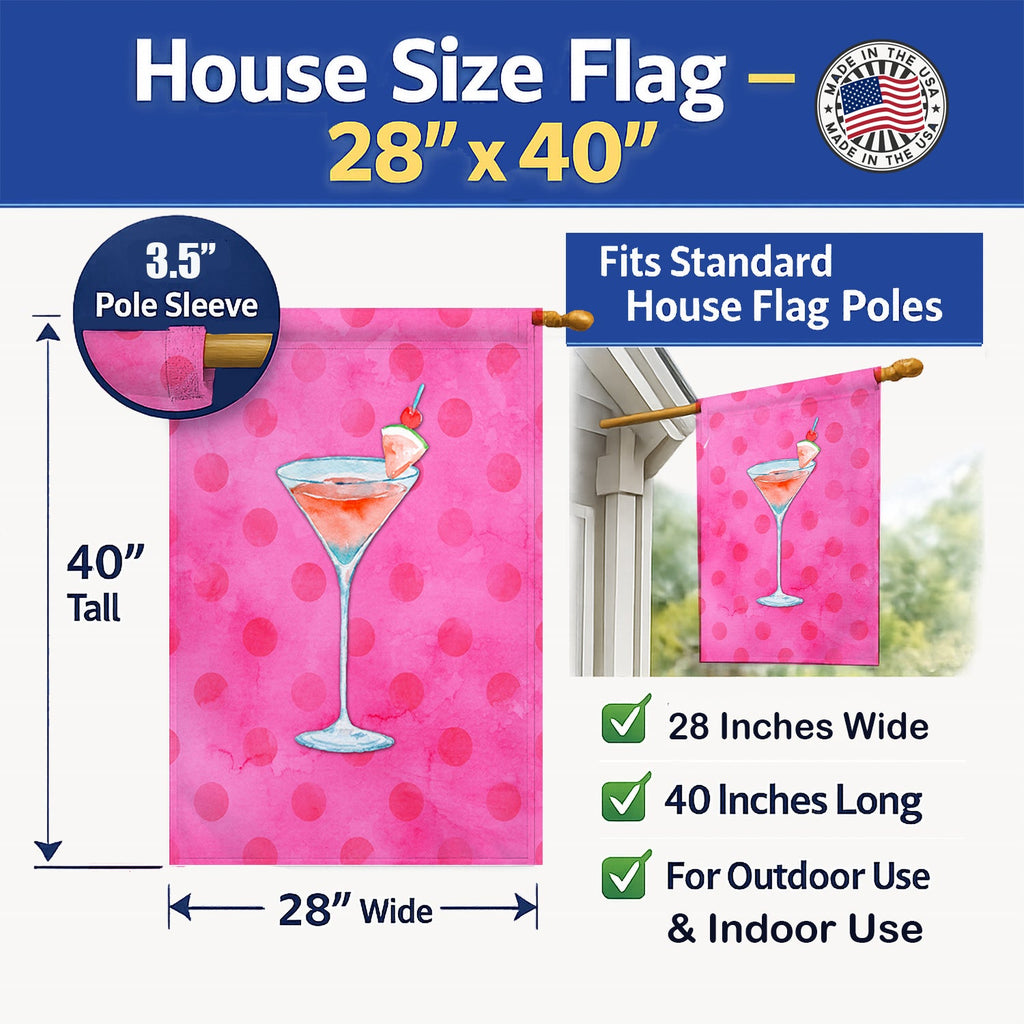 Summer Martini Pink Polkadot House Flag 28x40 Porch Sleeve Pole Decorative Outside Yard Banner Artwork Wall Hanging, Polyester
