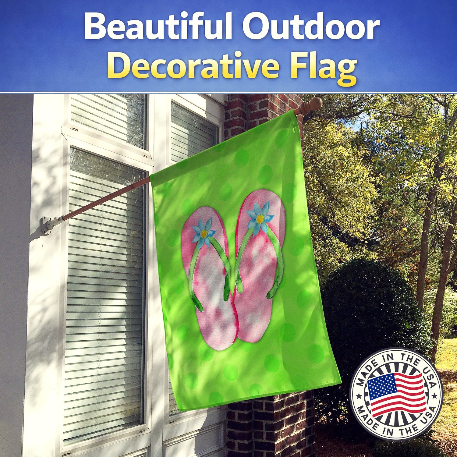 Pink Flip Flops Green Polkadot House Flag 28x40 Porch Sleeve Pole Decorative Outside Yard Banner Artwork Wall Hanging, Polyester