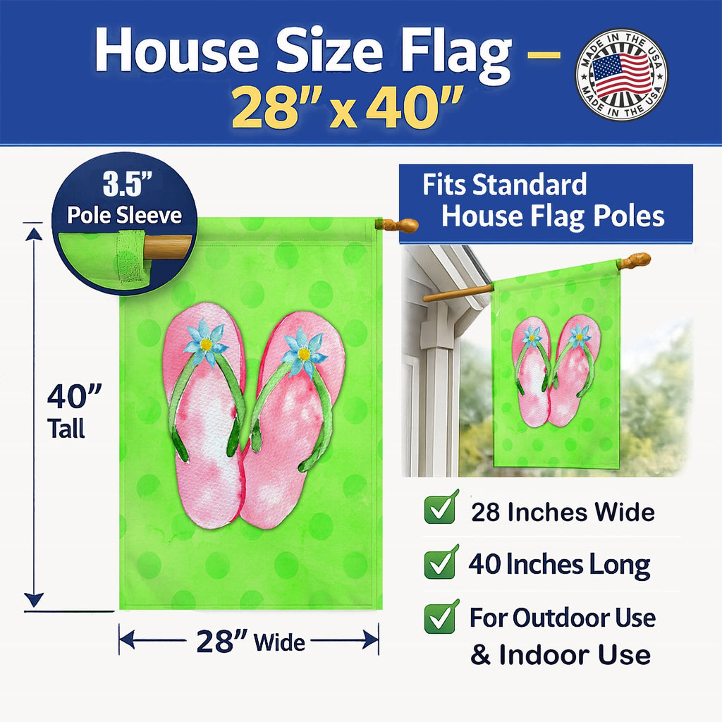 Pink Flip Flops Green Polkadot House Flag 28x40 Porch Sleeve Pole Decorative Outside Yard Banner Artwork Wall Hanging, Polyester