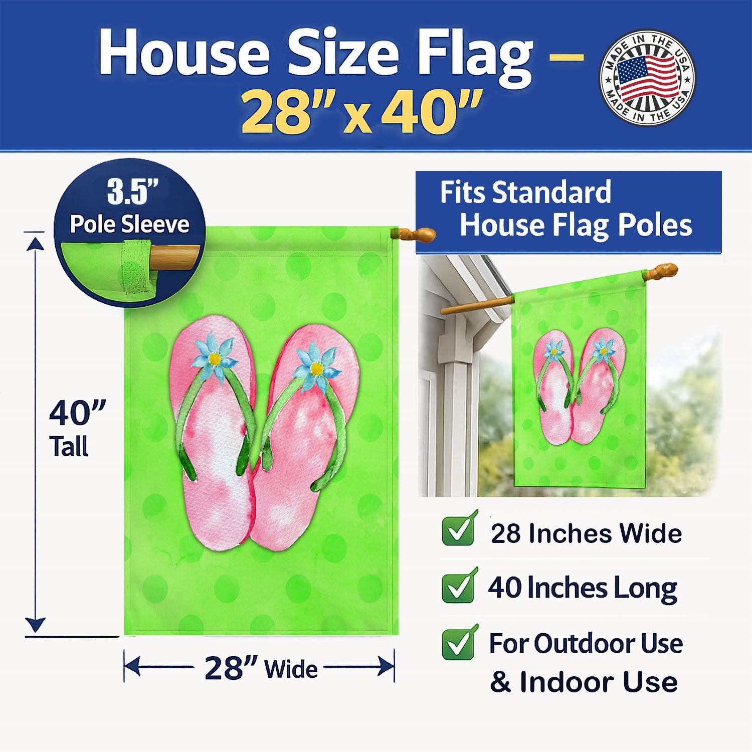 Pink Flip Flops Green Polkadot House Flag 28x40 Porch Sleeve Pole Decorative Outside Yard Banner Artwork Wall Hanging, Polyester