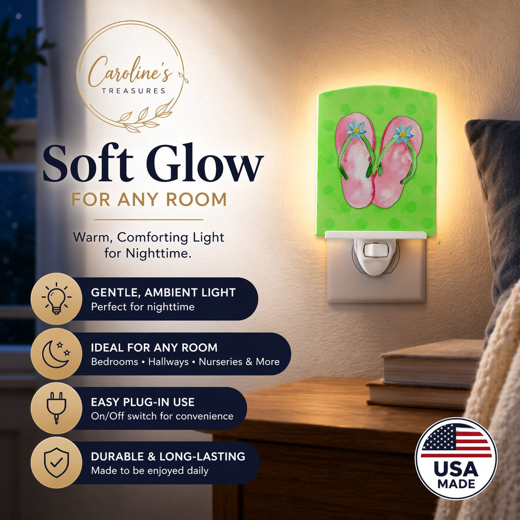 Pink Flip Flops Green Polkadot Ceramic Night Light Compact, UL-Certified, Ideal for Bedroom, Bathroom, Nursery, Hallway, Kitchen, 6x4x3, Multicolor