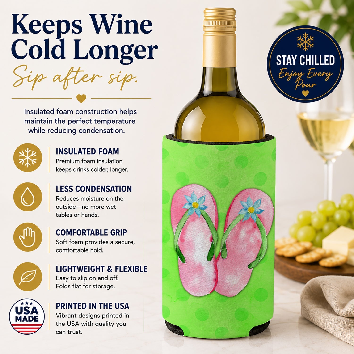 Pink Flip Flops Green Polkadot Wine Bottle Hugger Gift Sleeve for Standard 750 ml Bottles, Insulated Reusable Fits Mini Shot & Pint Bottles