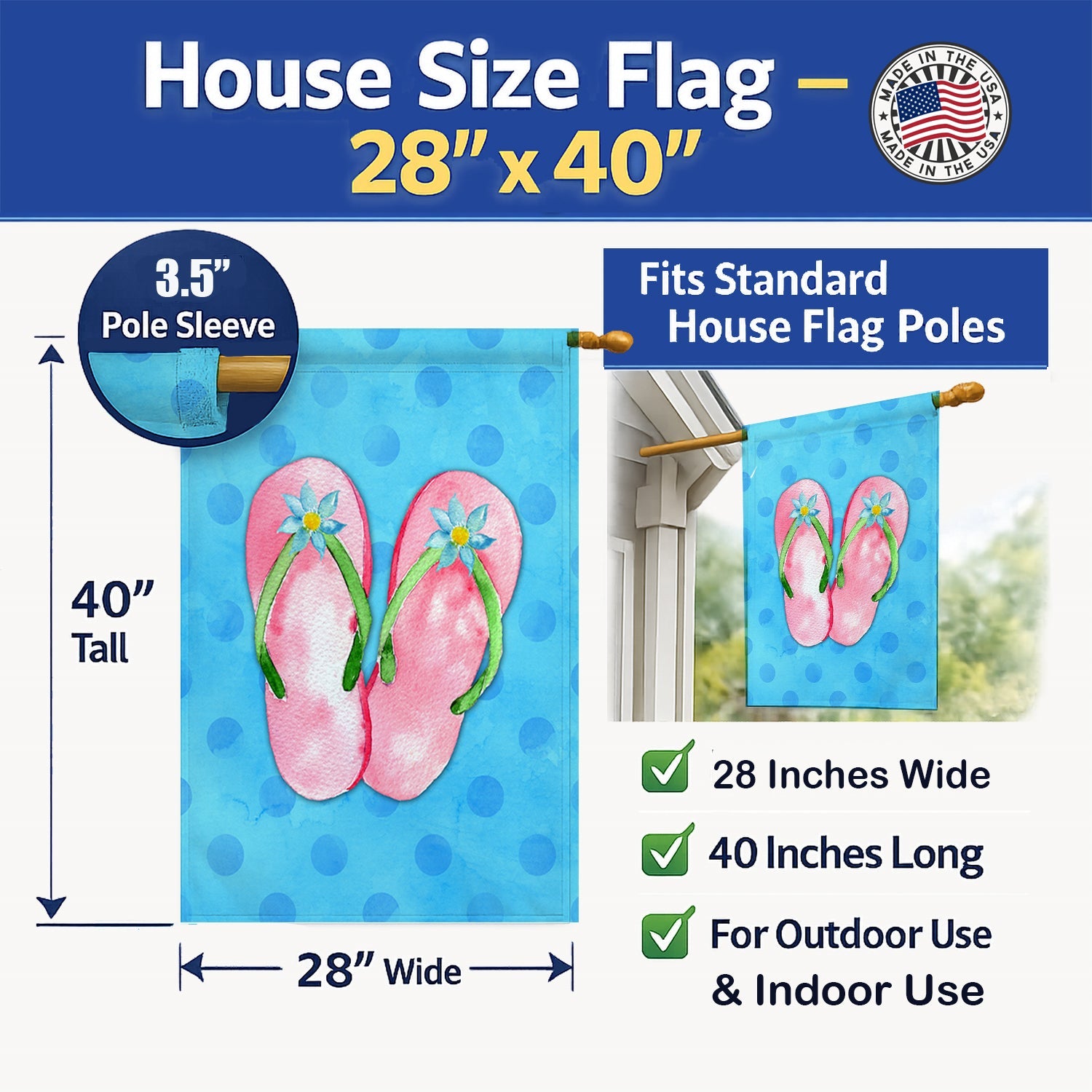 Pink Flip Flops Blue Polkadot House Flag 28x40 Porch Sleeve Pole Decorative Outside Yard Banner Artwork Wall Hanging, Polyester