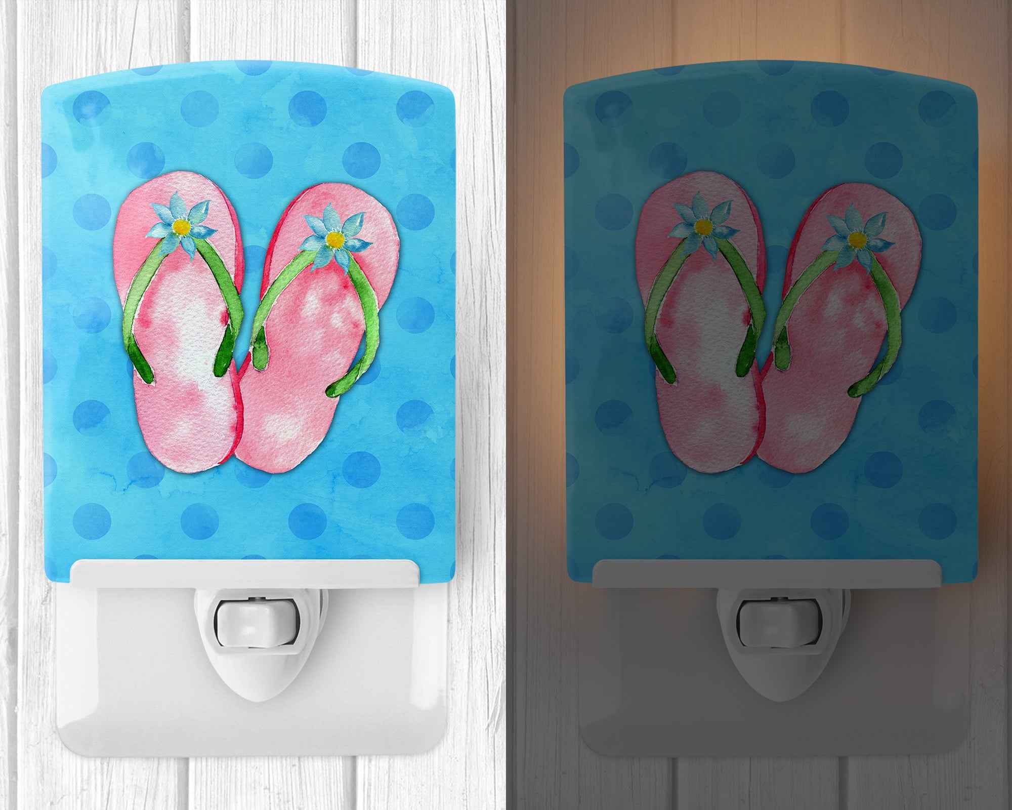 Pink Flip Flops Blue Polkadot Ceramic Night Light Compact, UL-Certified, Ideal for Bedroom, Bathroom, Nursery, Hallway, Kitchen, 6x4x3, Multicolor