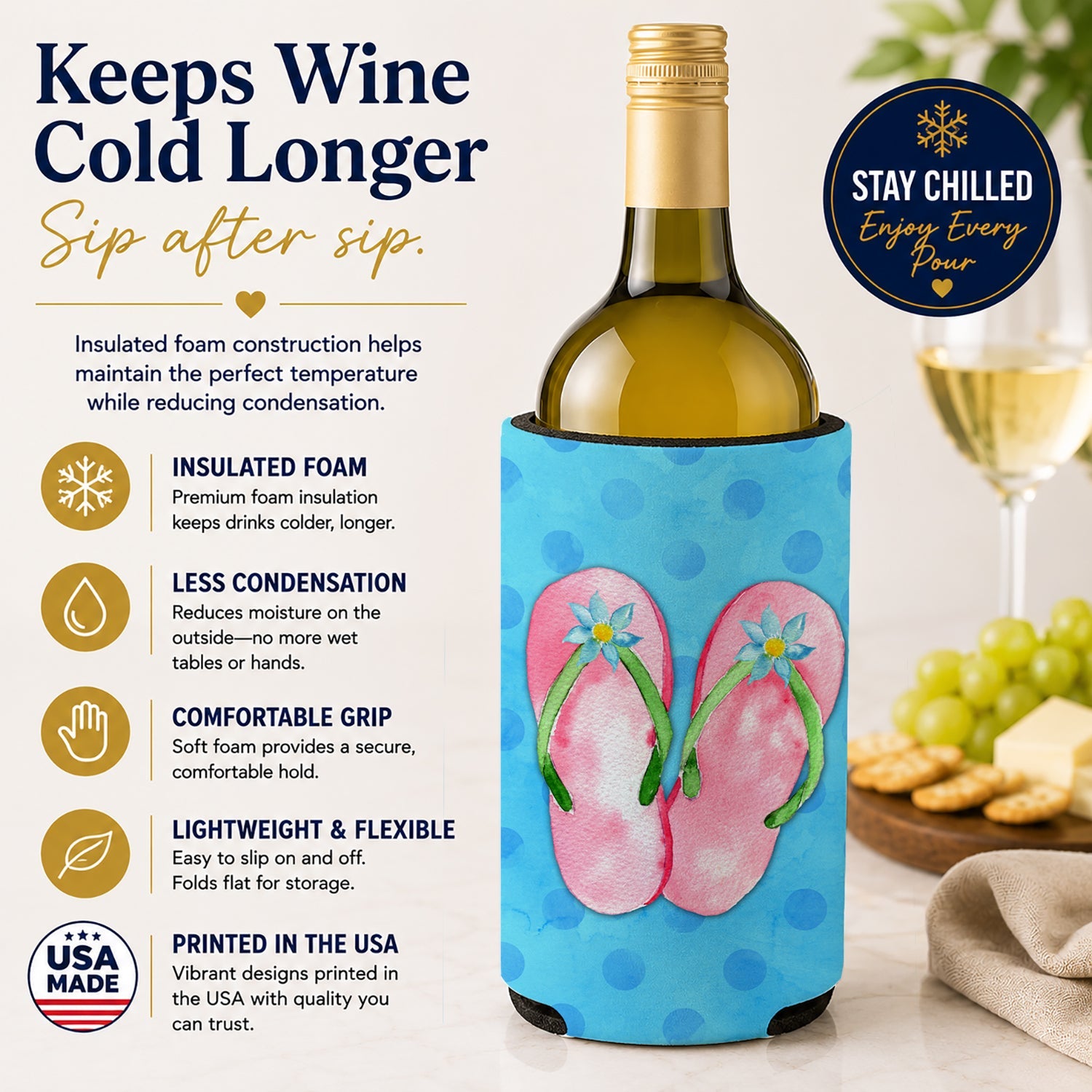 Pink Flip Flops Blue Polkadot Wine Bottle Hugger Gift Sleeve for Standard 750 ml Bottles, Insulated Reusable Fits Mini Shot & Pint Bottles