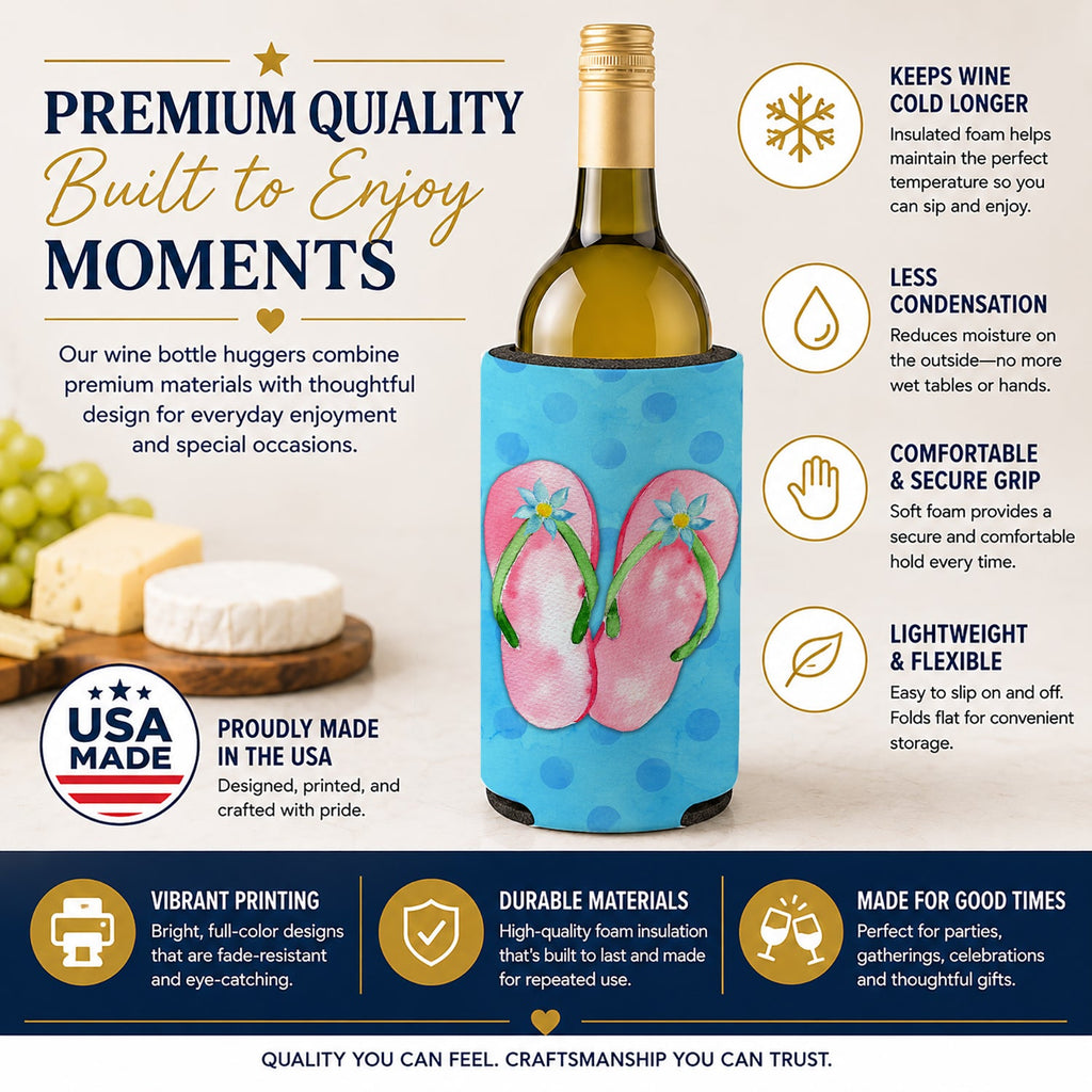 Pink Flip Flops Blue Polkadot Wine Bottle Hugger Gift Sleeve for Standard 750 ml Bottles, Insulated Reusable Fits Mini Shot & Pint Bottles