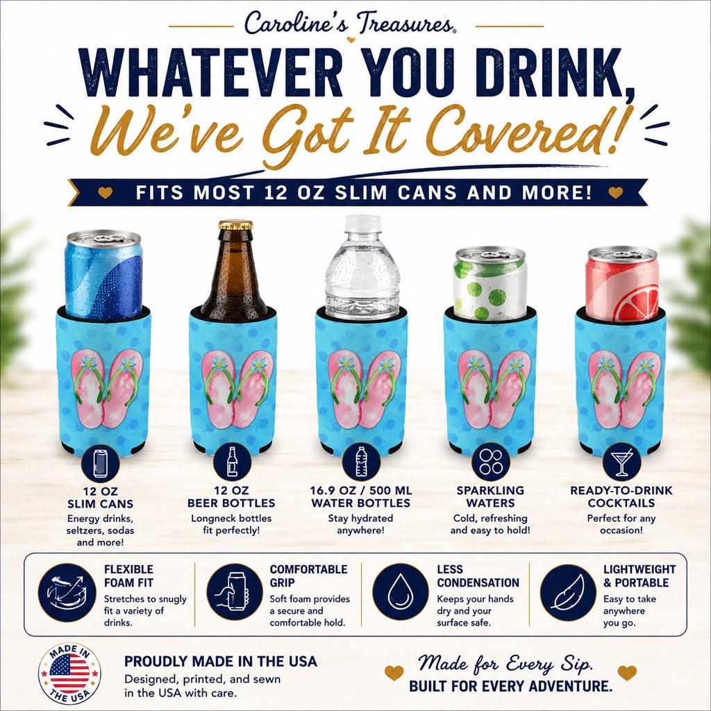 Pink Flip Flops Blue Polkadot Slim Can Hugger  Insulated Foam Sleeve for 12 oz Slim Cans, Beer Bottles & Water Bottles, Made in USA