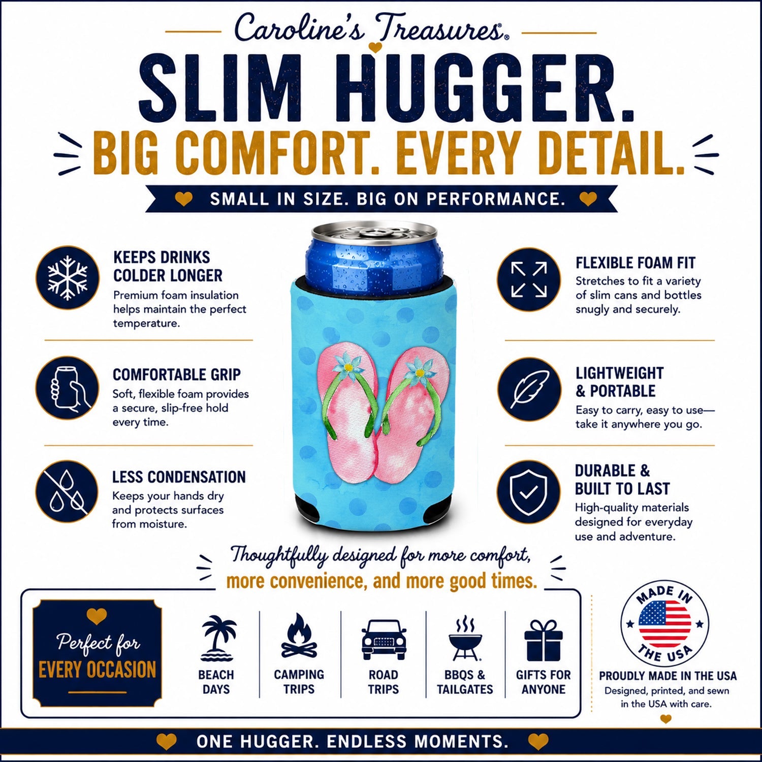 Pink Flip Flops Blue Polkadot Slim Can Hugger  Insulated Foam Sleeve for 12 oz Slim Cans, Beer Bottles & Water Bottles, Made in USA
