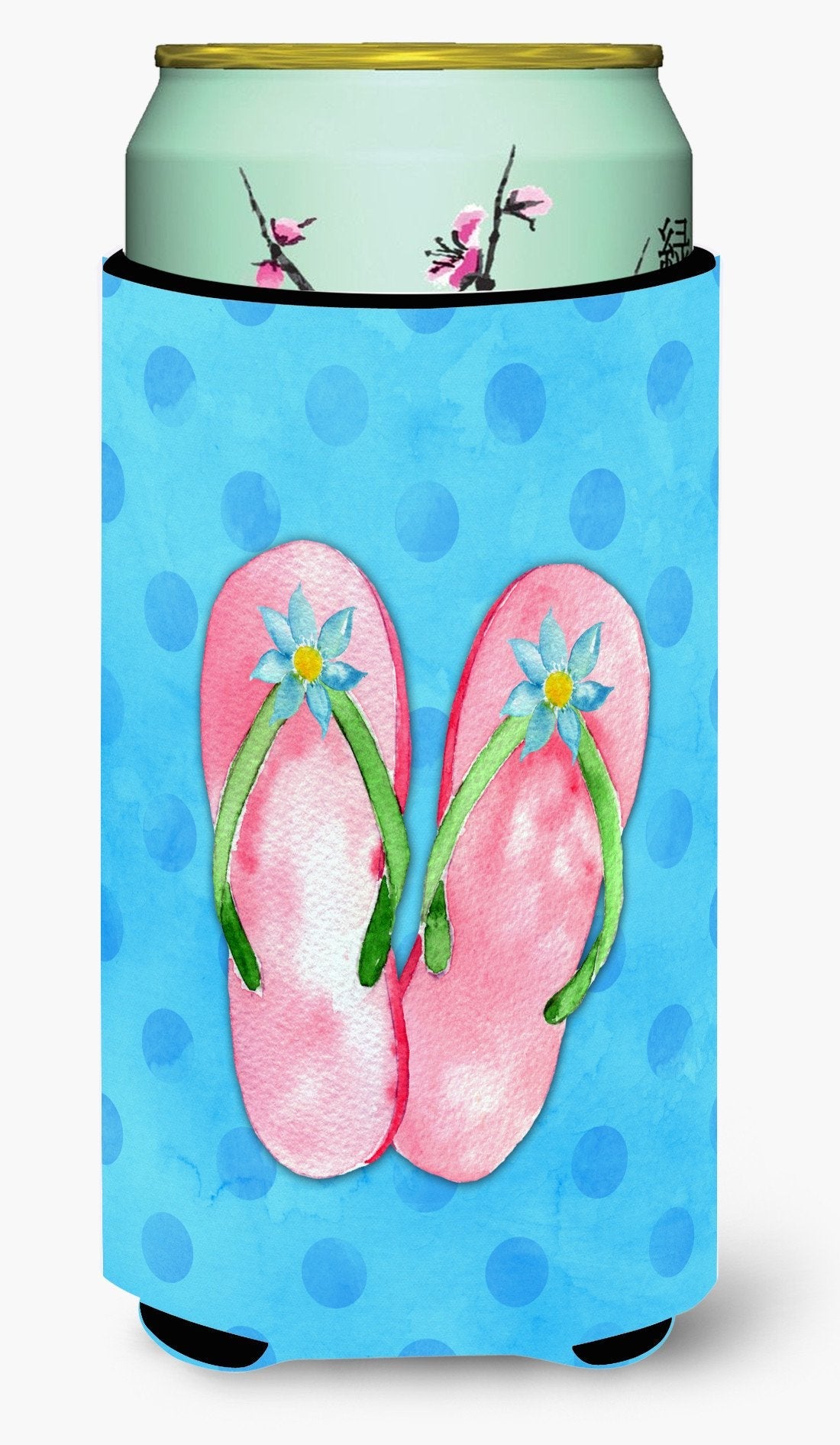 Pink Flip Flops Blue Polkadot Tall Boy Hugger Can Cooler Sleeve Machine Washable Drink Collapsible Insulator Beverage Insulated Holder