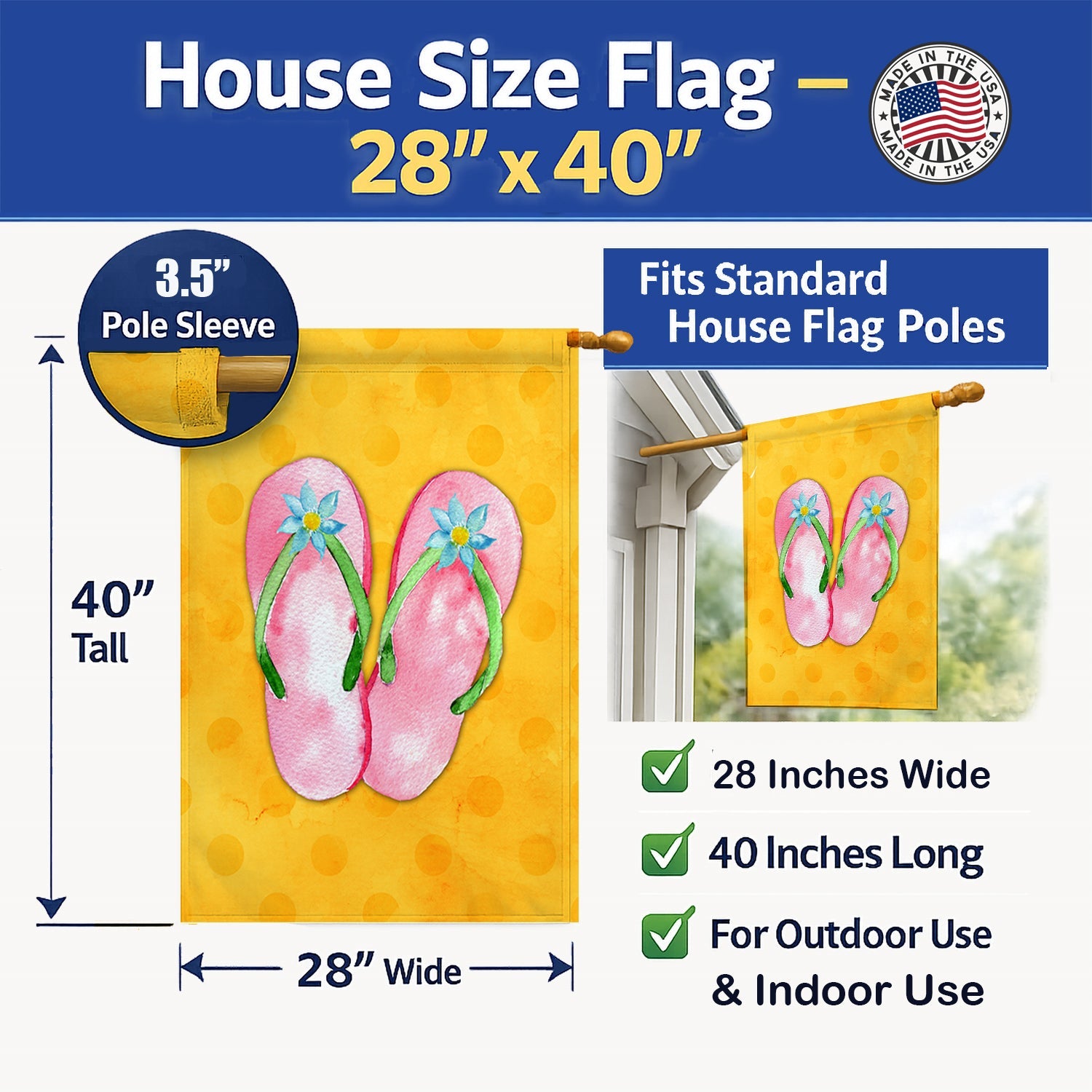 Pink Flip Flops Yellow Polkadot House Flag 28x40 Porch Sleeve Pole Decorative Outside Yard Banner Artwork Wall Hanging, Polyester