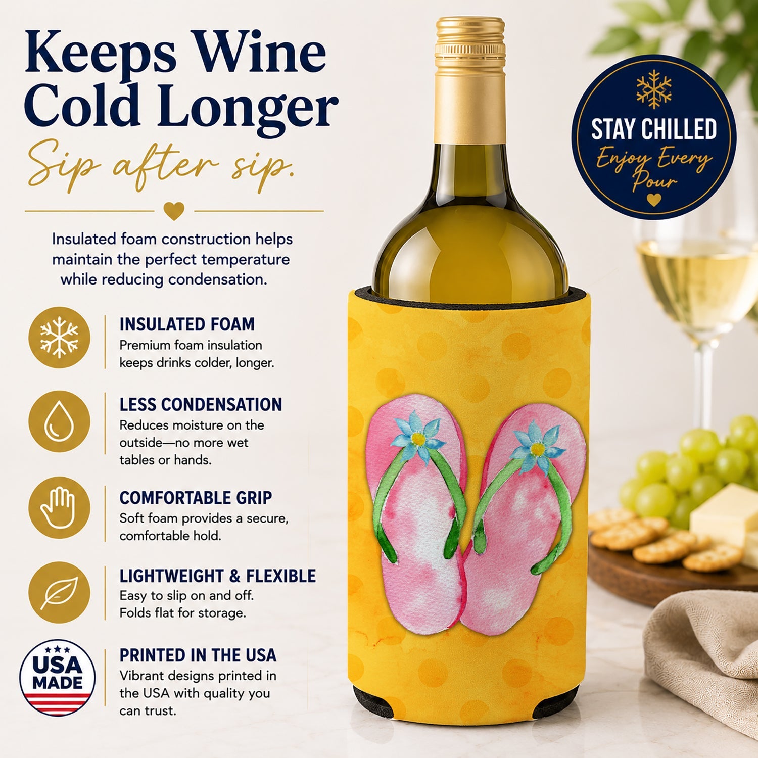 Pink Flip Flops Yellow Polkadot Wine Bottle Hugger Gift Sleeve for Standard 750 ml Bottles, Insulated Reusable Fits Mini Shot & Pint Bottles