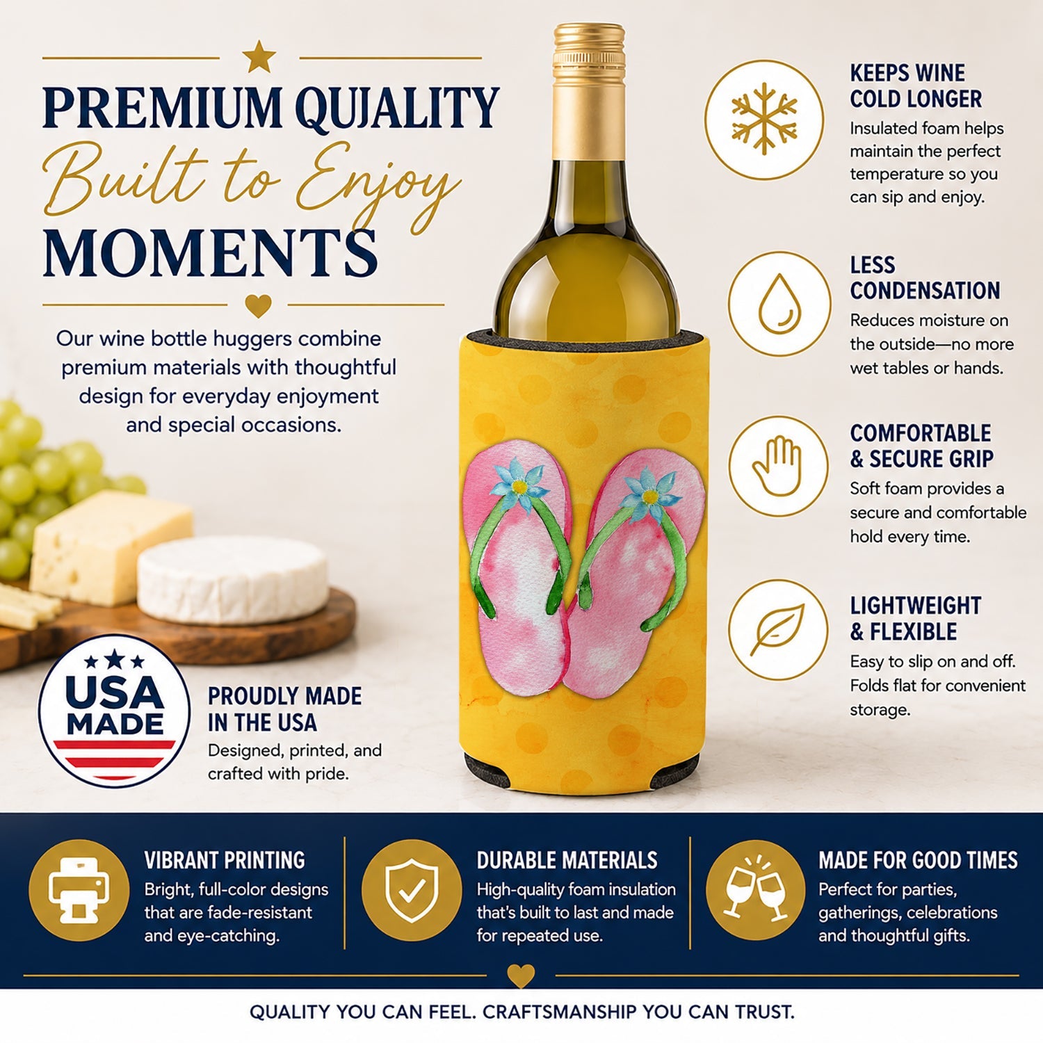 Pink Flip Flops Yellow Polkadot Wine Bottle Hugger Gift Sleeve for Standard 750 ml Bottles, Insulated Reusable Fits Mini Shot & Pint Bottles