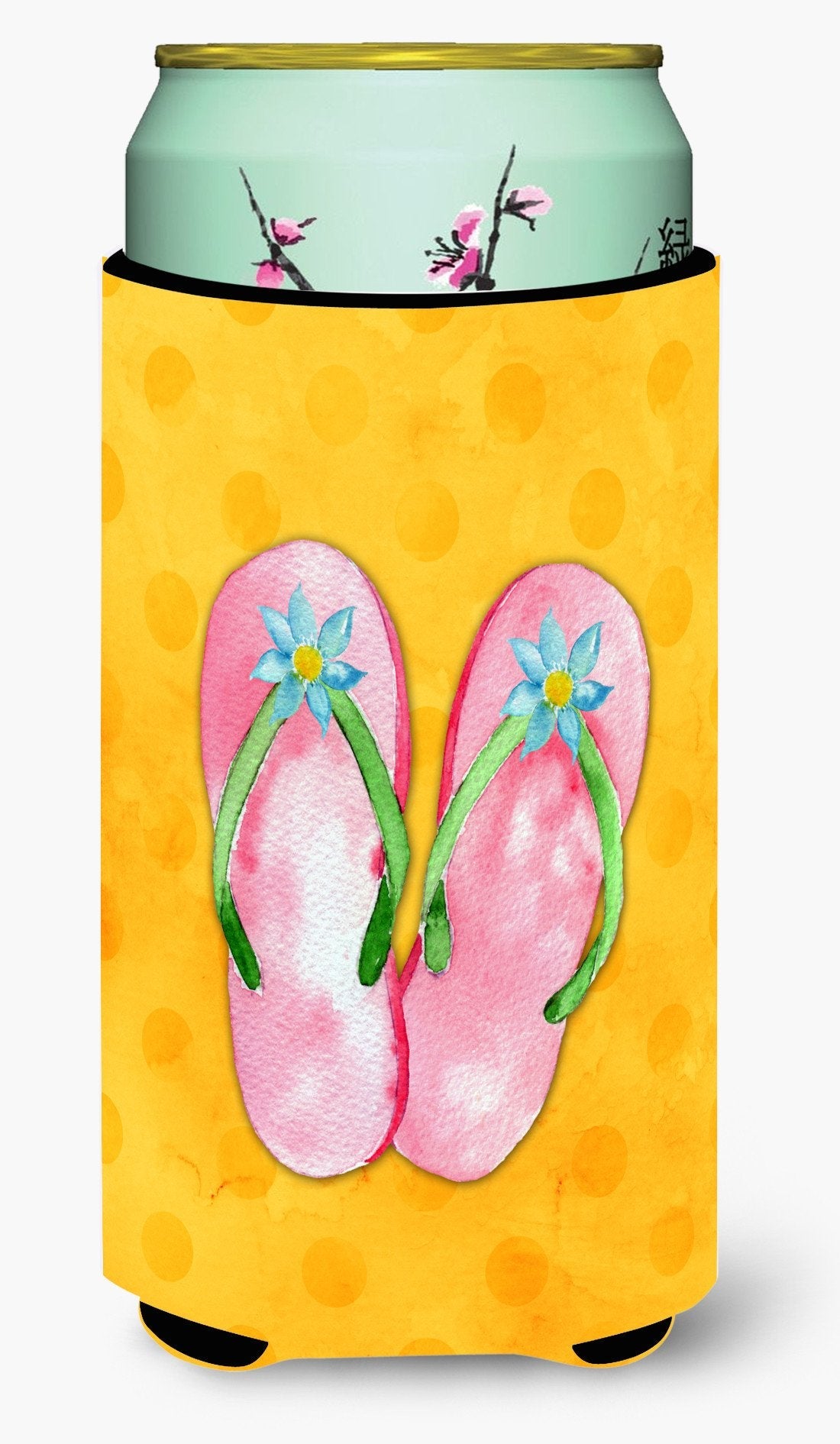 Pink Flip Flops Yellow Polkadot Tall Boy Hugger Can Cooler Sleeve Machine Washable Drink Collapsible Insulator Beverage Insulated Holder