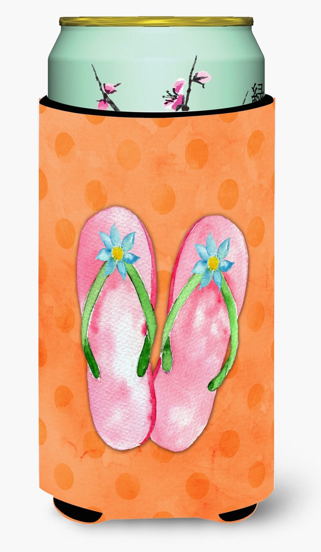 Pink Flip Flops Orange Polkadot Tall Boy Hugger Can Cooler Sleeve Machine Washable Drink Collapsible Insulator Beverage Insulated Holder