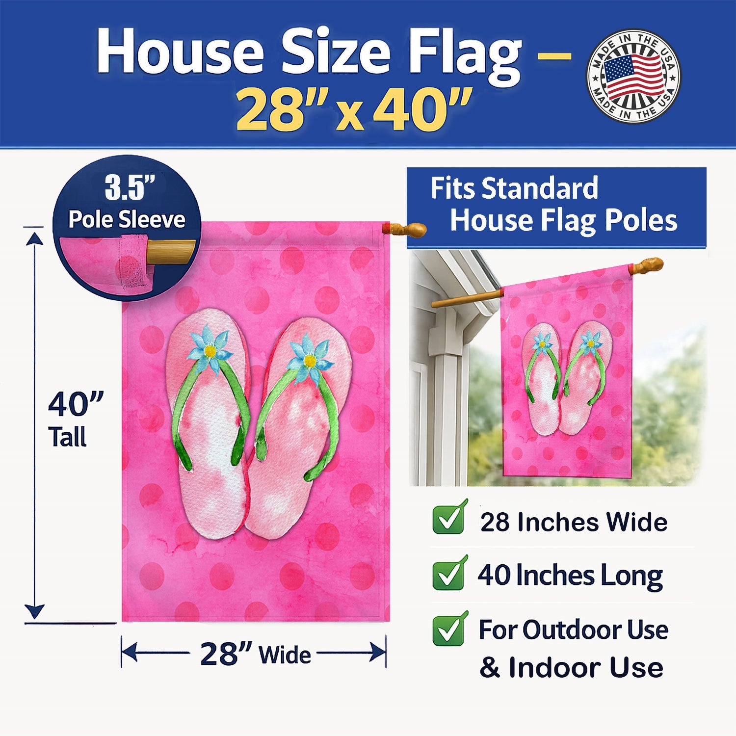Pink Flip Flops Pink Polkadot House Flag 28x40 Porch Sleeve Pole Decorative Outside Yard Banner Artwork Wall Hanging, Polyester