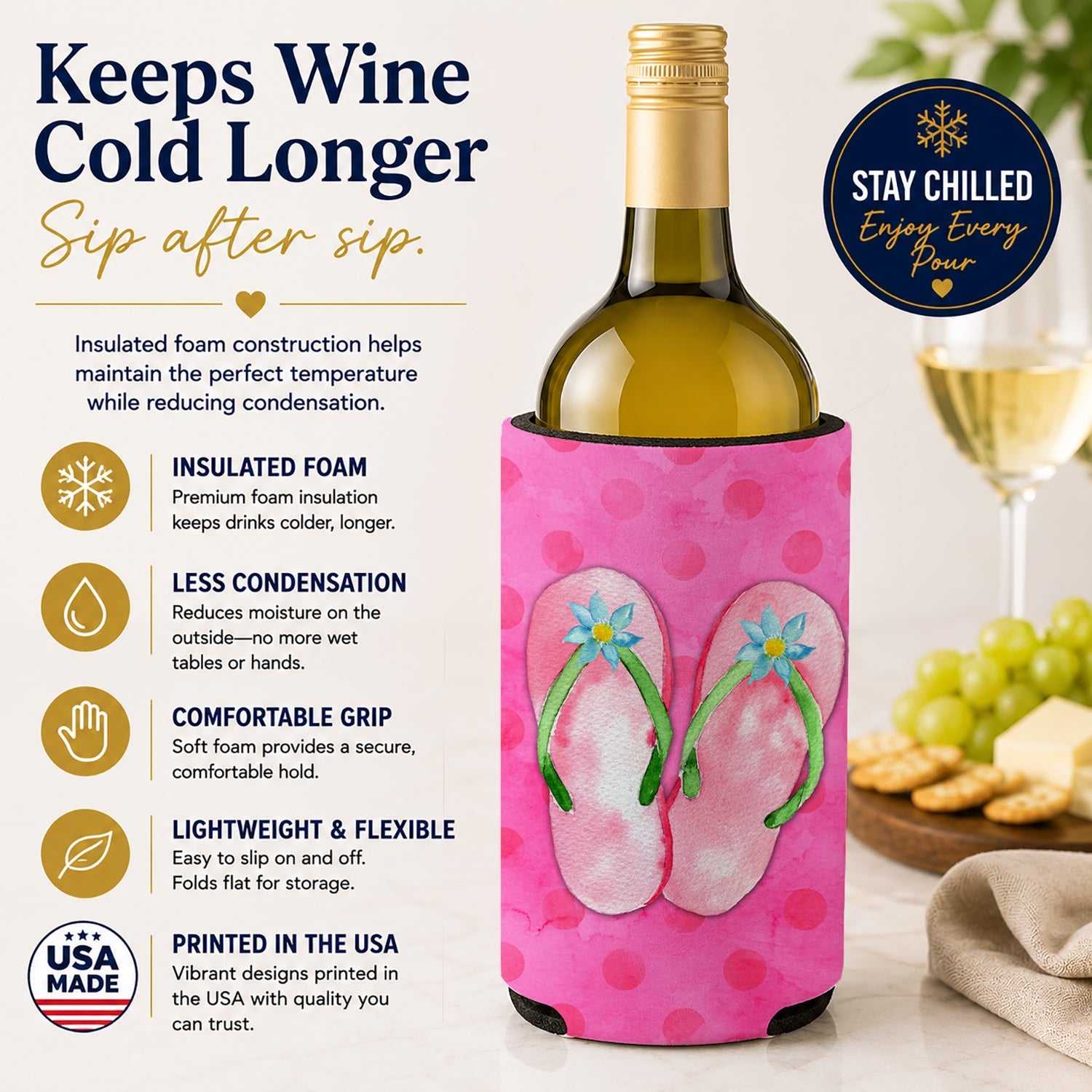 Pink Flip Flops Pink Polkadot Wine Bottle Hugger Gift Sleeve for Standard 750 ml Bottles, Insulated Reusable Fits Mini Shot & Pint Bottles