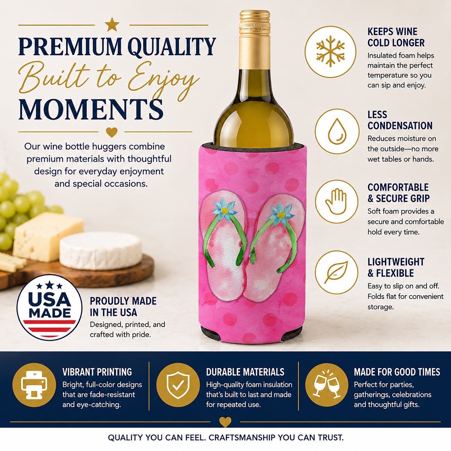 Pink Flip Flops Pink Polkadot Wine Bottle Hugger Gift Sleeve for Standard 750 ml Bottles, Insulated Reusable Fits Mini Shot & Pint Bottles