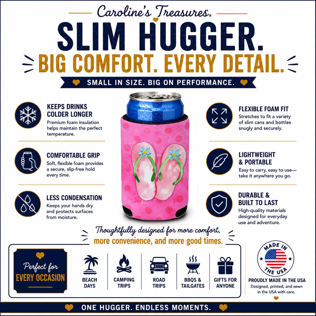 Pink Flip Flops Pink Polkadot Slim Can Hugger  Insulated Foam Sleeve for 12 oz Slim Cans, Beer Bottles & Water Bottles, Made in USA