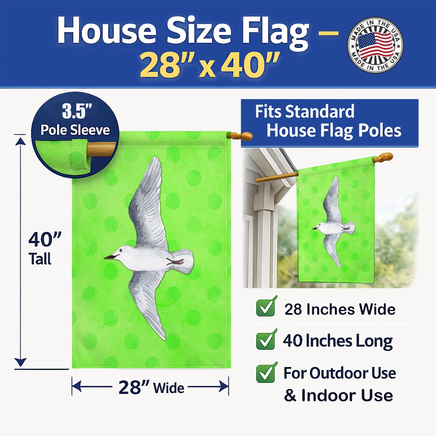 Sea Gull Green Polkadot House Flag 28x40 Porch Sleeve Pole Decorative Outside Yard Banner Artwork Wall Hanging, Polyester