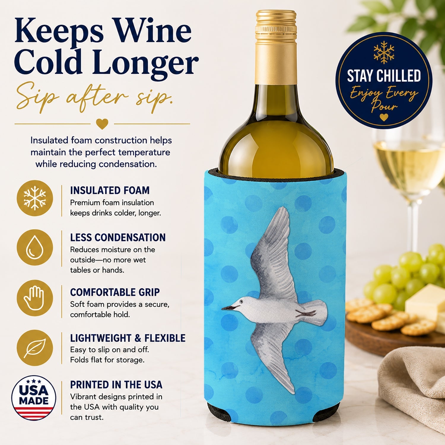 Sea Gull Blue Polkadot Wine Bottle Hugger Gift Sleeve for Standard 750 ml Bottles, Insulated Reusable Fits Mini Shot & Pint Bottles