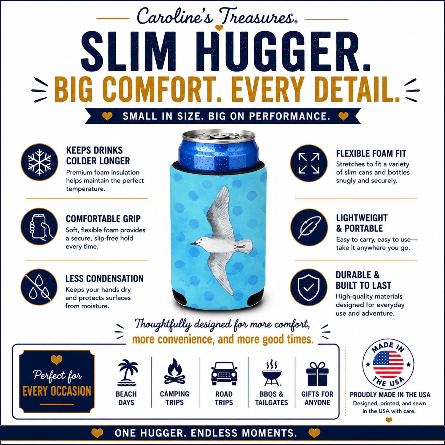 Sea Gull Blue Polkadot Slim Can Hugger  Insulated Foam Sleeve for 12 oz Slim Cans, Beer Bottles & Water Bottles, Made in USA