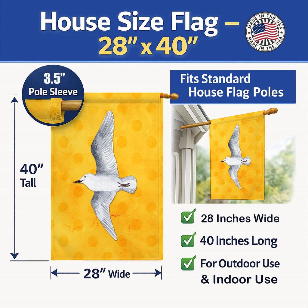 Sea Gull Yellow Polkadot House Flag 28x40 Porch Sleeve Pole Decorative Outside Yard Banner Artwork Wall Hanging, Polyester