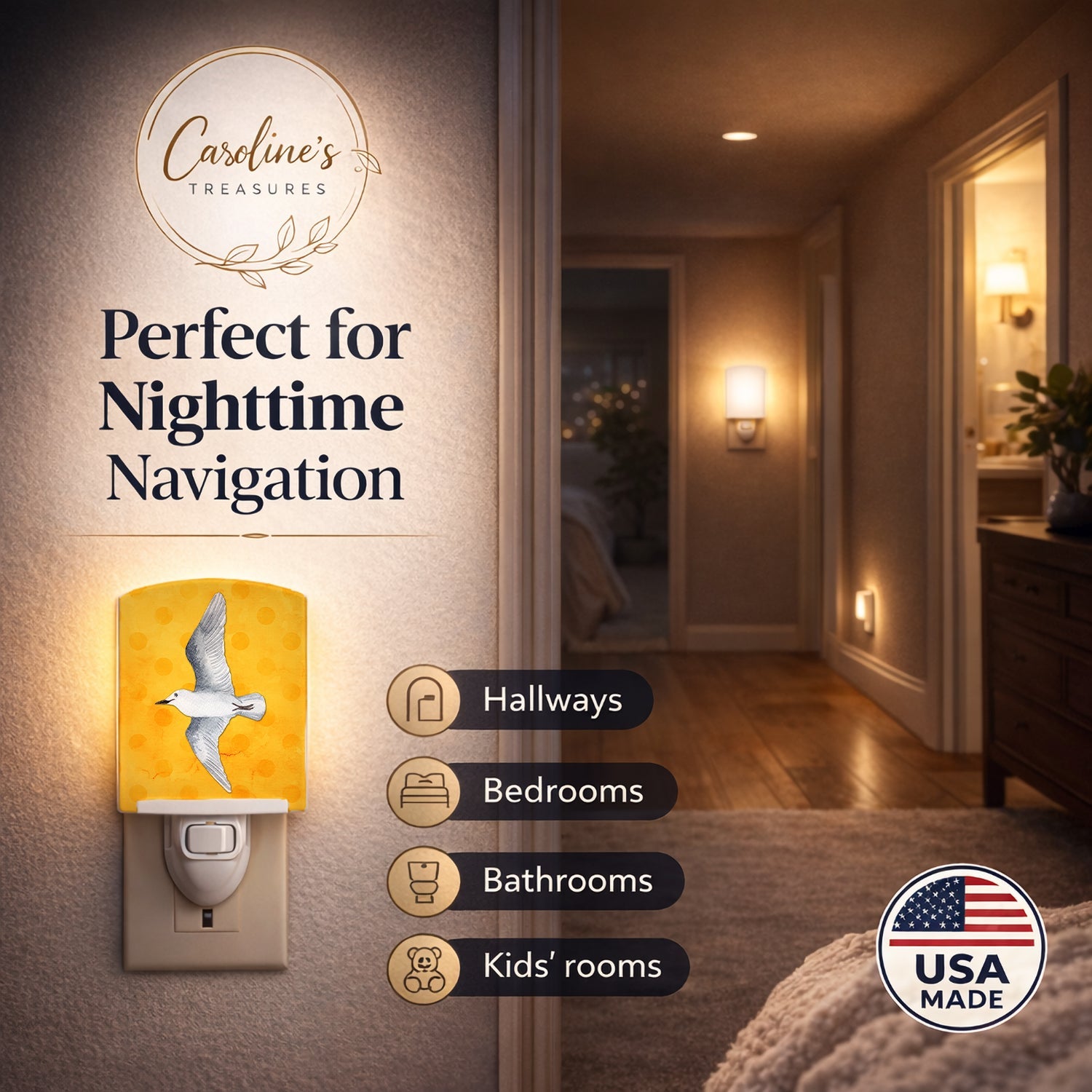 Sea Gull Yellow Polkadot Ceramic Night Light Compact, UL-Certified, Ideal for Bedroom, Bathroom, Nursery, Hallway, Kitchen, 6x4x3, Multicolor