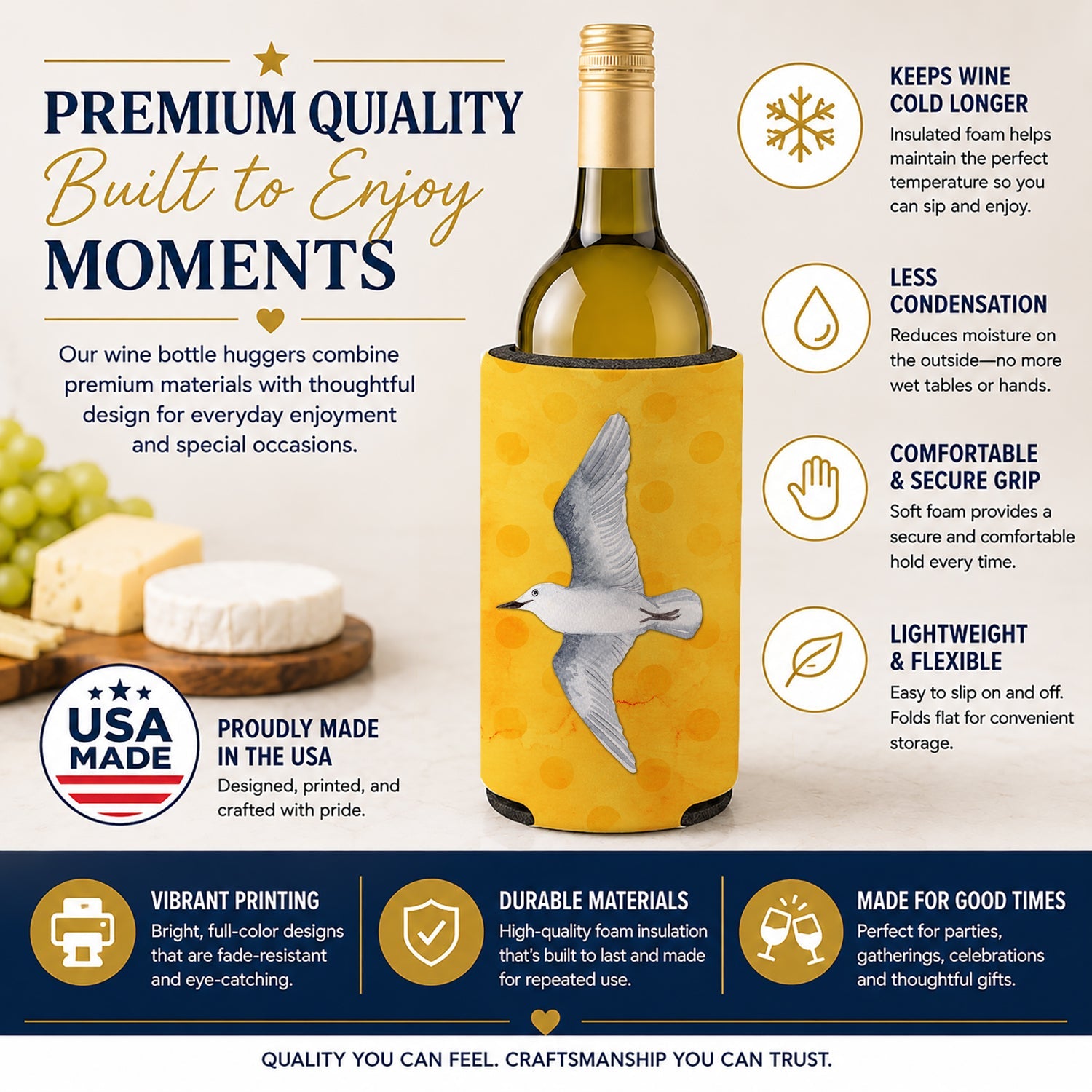 Sea Gull Yellow Polkadot Wine Bottle Hugger Gift Sleeve for Standard 750 ml Bottles, Insulated Reusable Fits Mini Shot & Pint Bottles