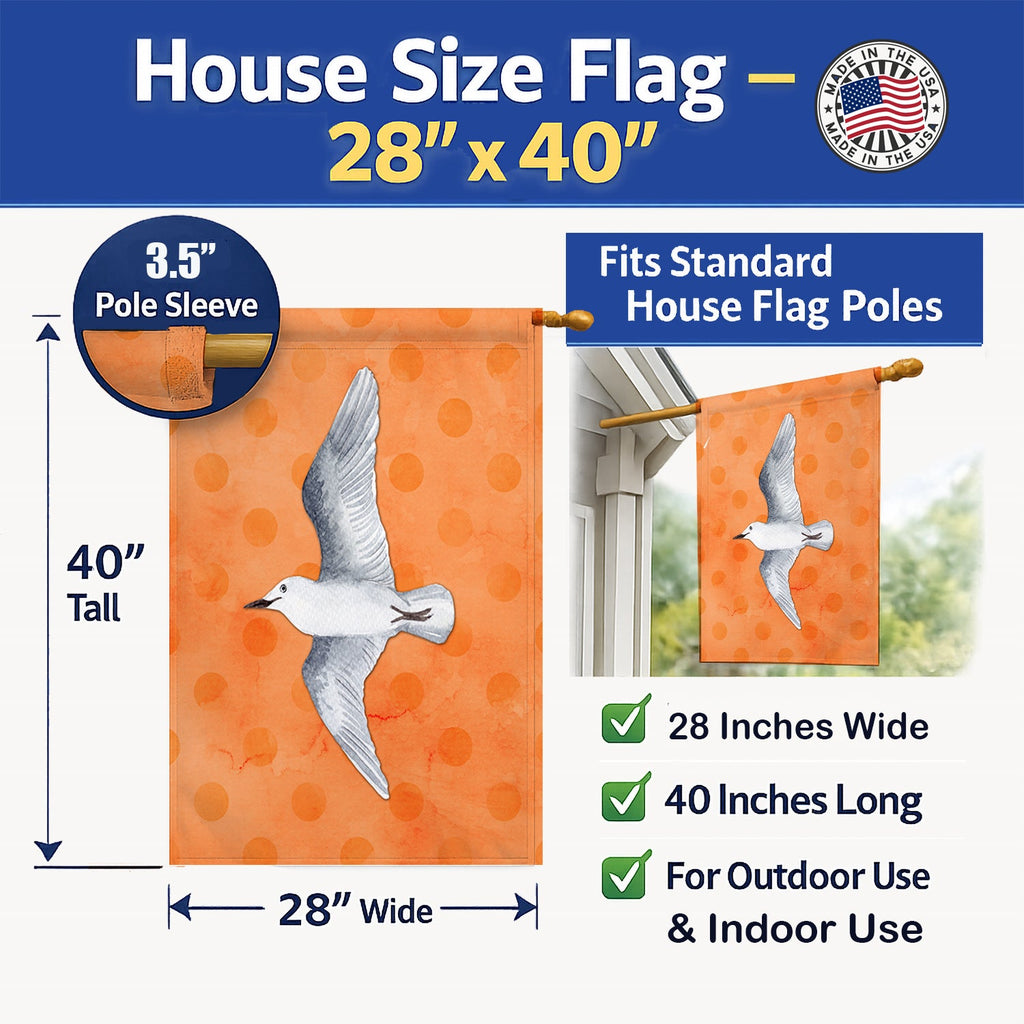 Sea Gull Orange Polkadot House Flag 28x40 Porch Sleeve Pole Decorative Outside Yard Banner Artwork Wall Hanging, Polyester