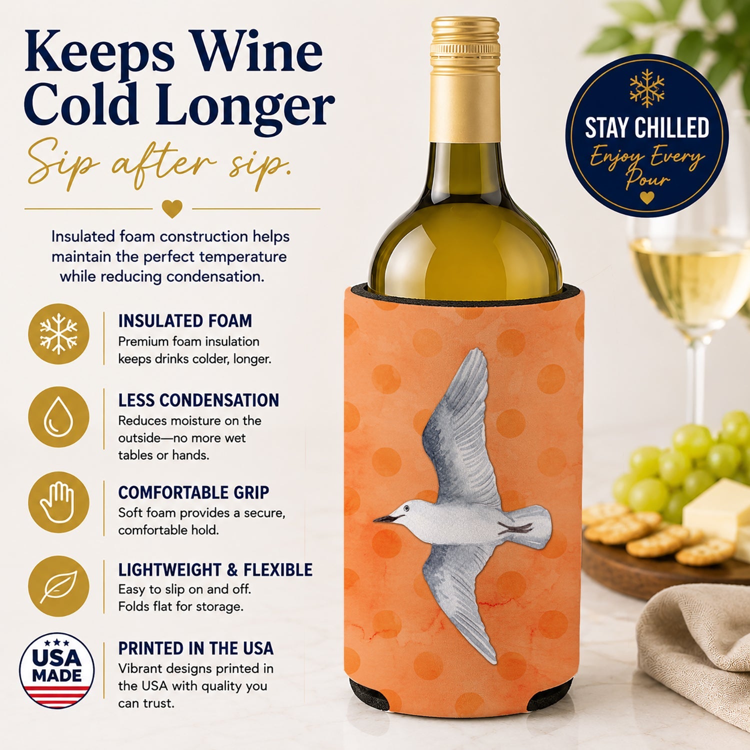 Sea Gull Orange Polkadot Wine Bottle Hugger Gift Sleeve for Standard 750 ml Bottles, Insulated Reusable Fits Mini Shot & Pint Bottles