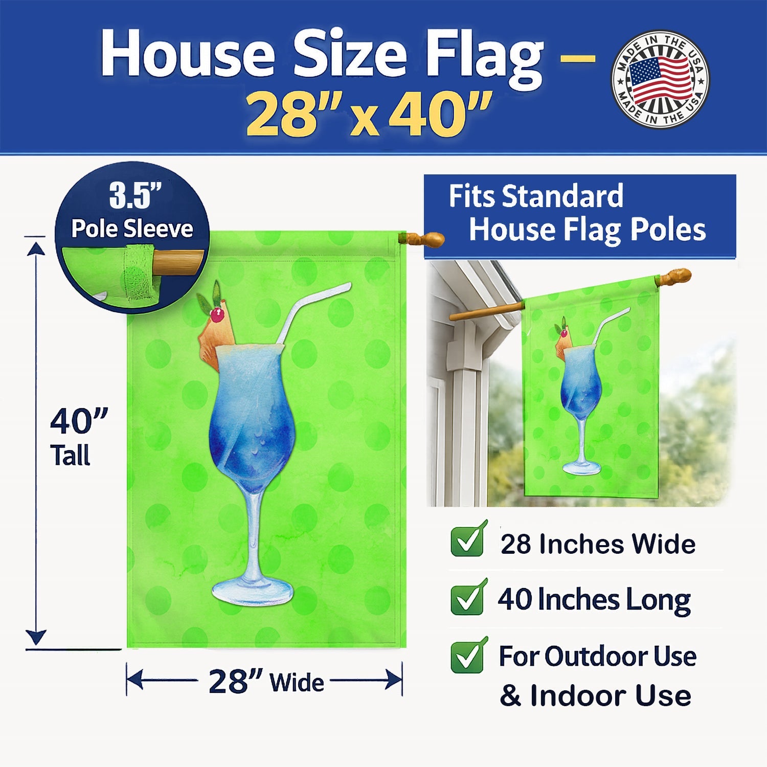 Summer Cocktail Green Polkadot House Flag 28x40 Porch Sleeve Pole Decorative Outside Yard Banner Artwork Wall Hanging, Polyester