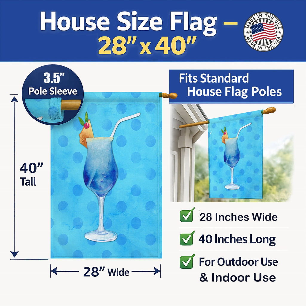 Summer Cocktail Blue Polkadot House Flag 28x40 Porch Sleeve Pole Decorative Outside Yard Banner Artwork Wall Hanging, Polyester