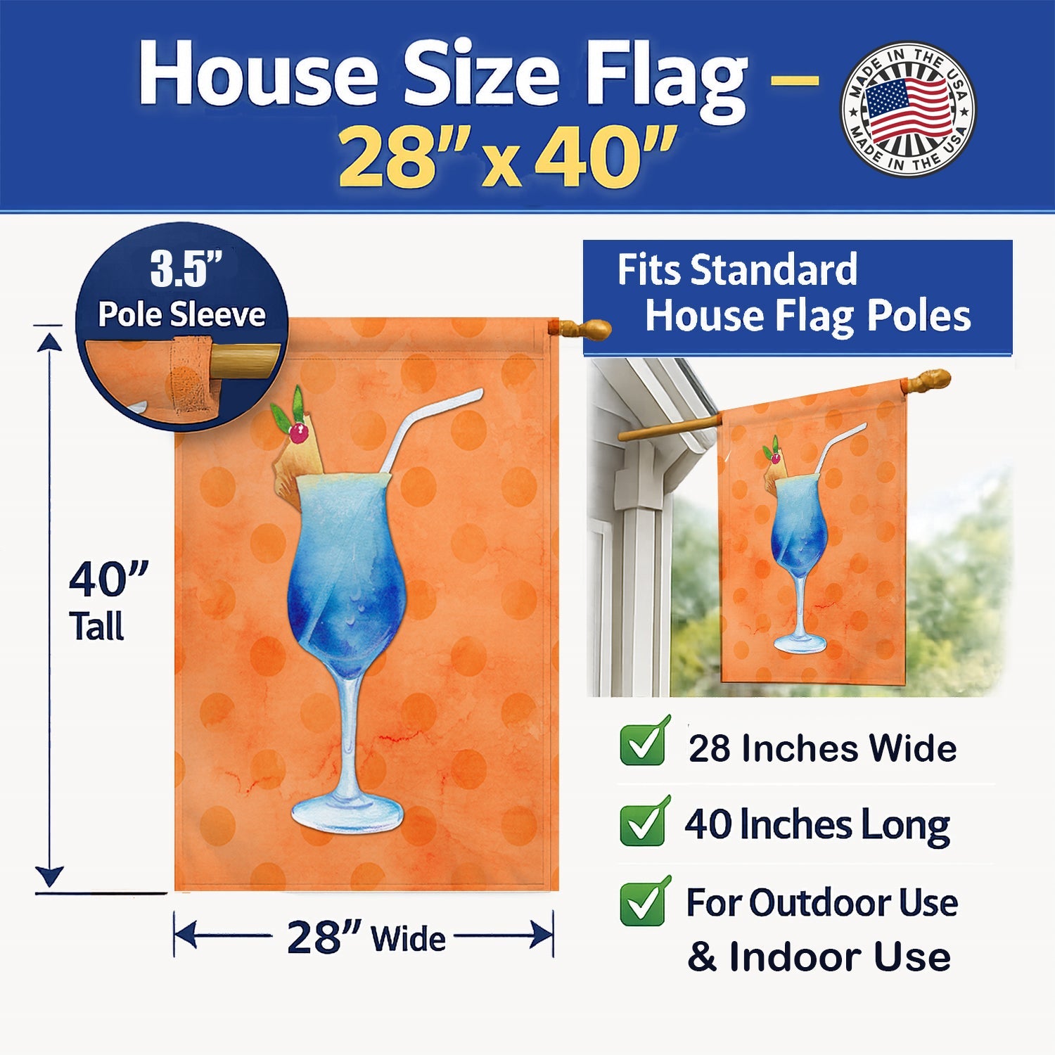Summer Cocktail Orange Polkadot House Flag 28x40 Porch Sleeve Pole Decorative Outside Yard Banner Artwork Wall Hanging, Polyester