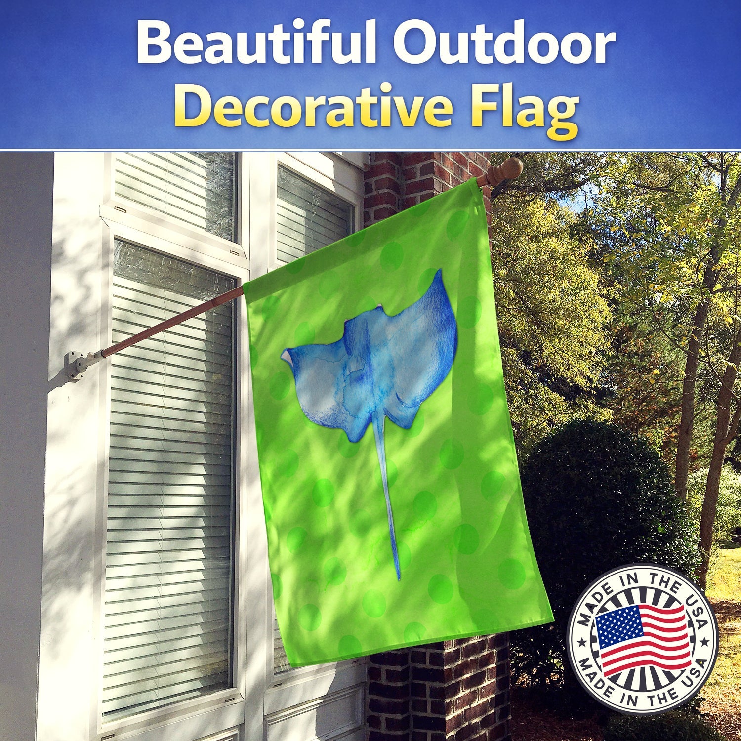 Sting Ray Green Polkadot House Flag 28x40 Porch Sleeve Pole Decorative Outside Yard Banner Artwork Wall Hanging, Polyester