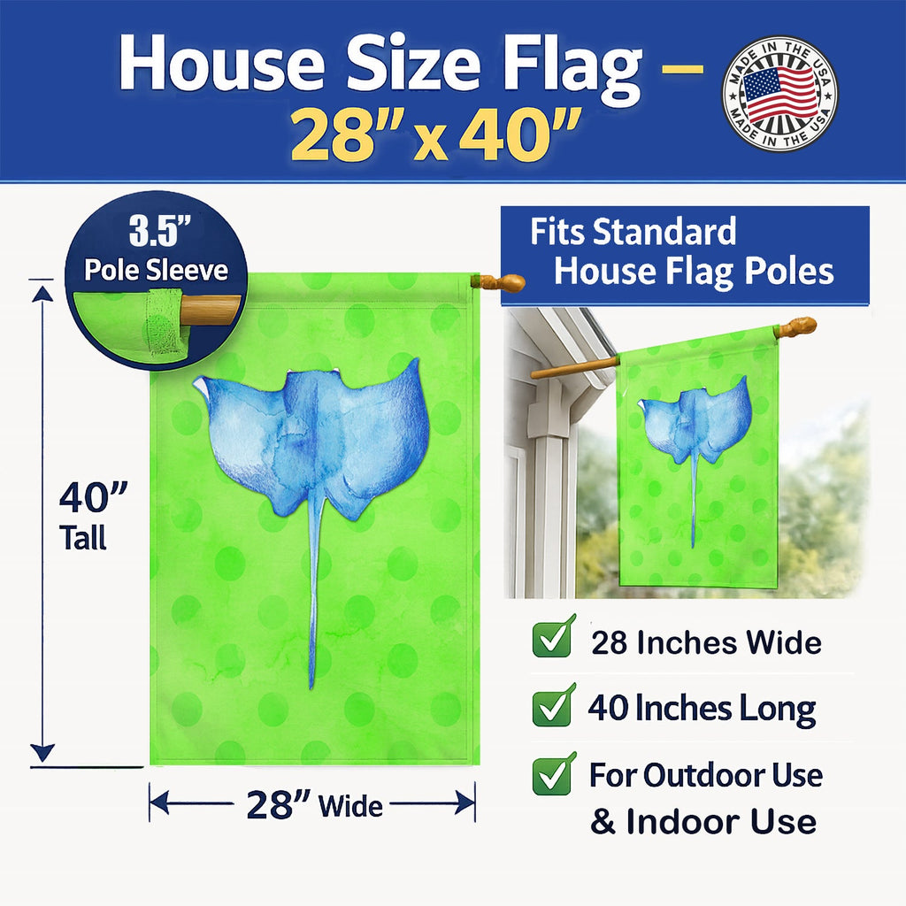 Sting Ray Green Polkadot House Flag 28x40 Porch Sleeve Pole Decorative Outside Yard Banner Artwork Wall Hanging, Polyester