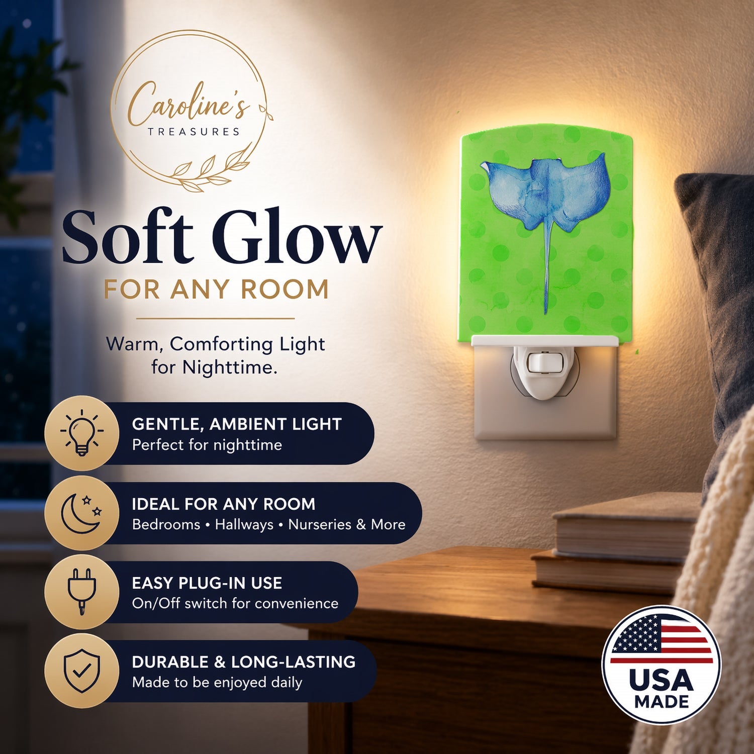 Sting Ray Green Polkadot Ceramic Night Light Compact, UL-Certified, Ideal for Bedroom, Bathroom, Nursery, Hallway, Kitchen, 6x4x3, Multicolor