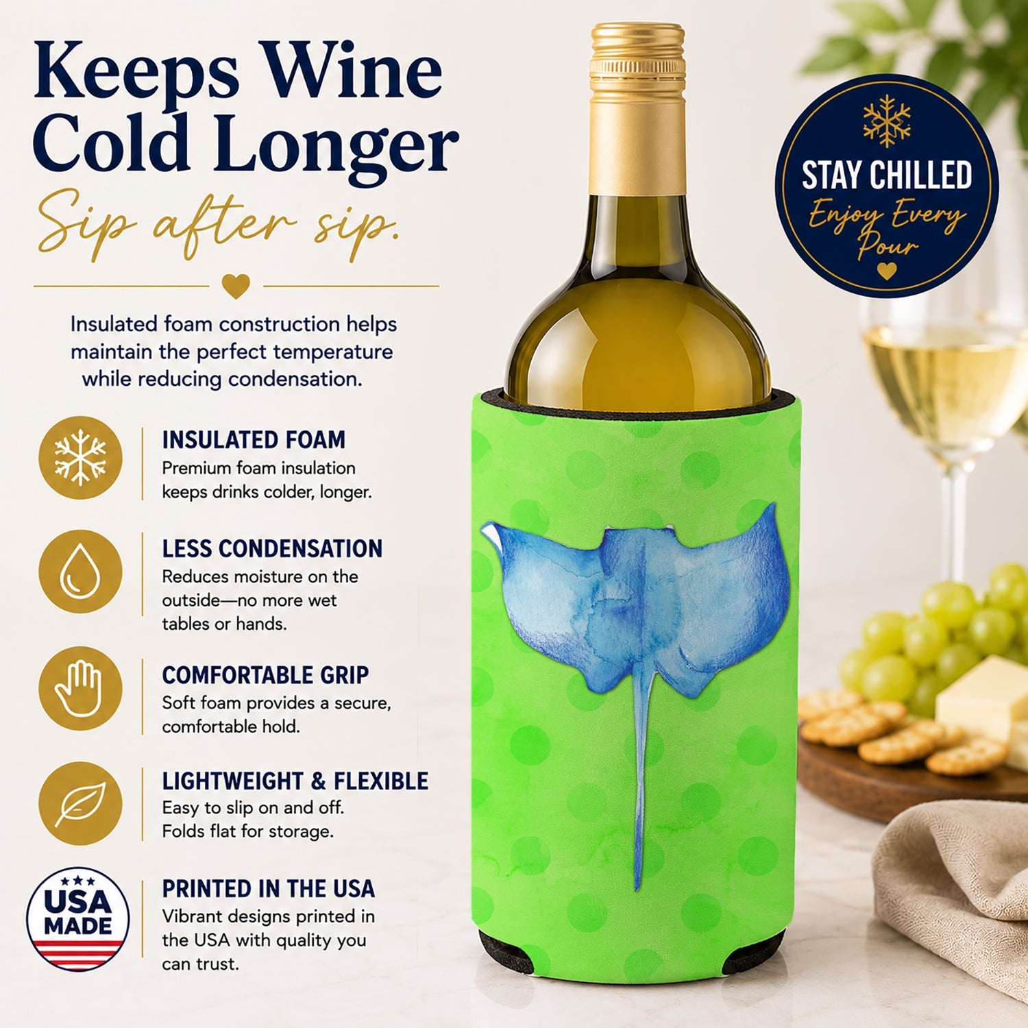 Sting Ray Green Polkadot Wine Bottle Hugger Gift Sleeve for Standard 750 ml Bottles, Insulated Reusable Fits Mini Shot & Pint Bottles
