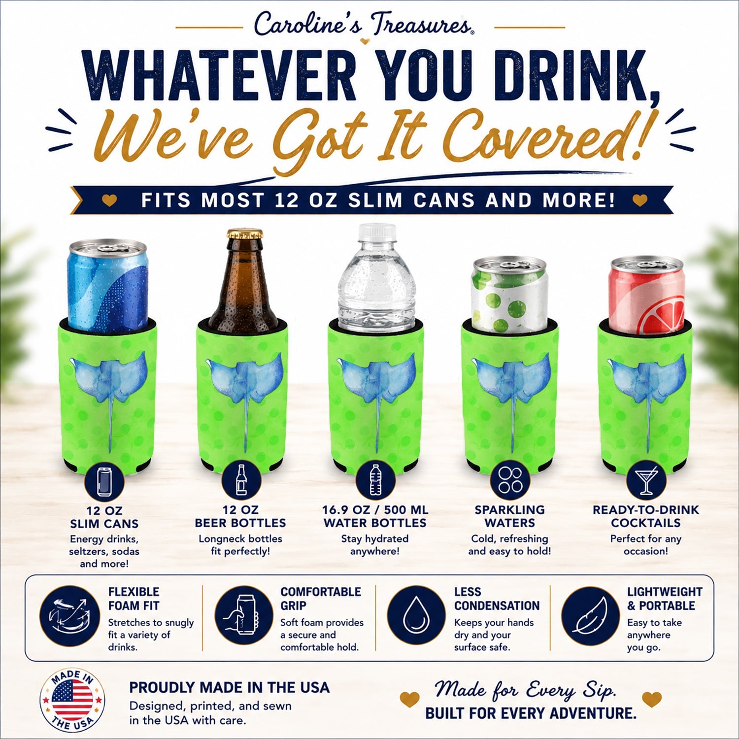 Sting Ray Green Polkadot Slim Can Hugger  Insulated Foam Sleeve for 12 oz Slim Cans, Beer Bottles & Water Bottles, Made in USA