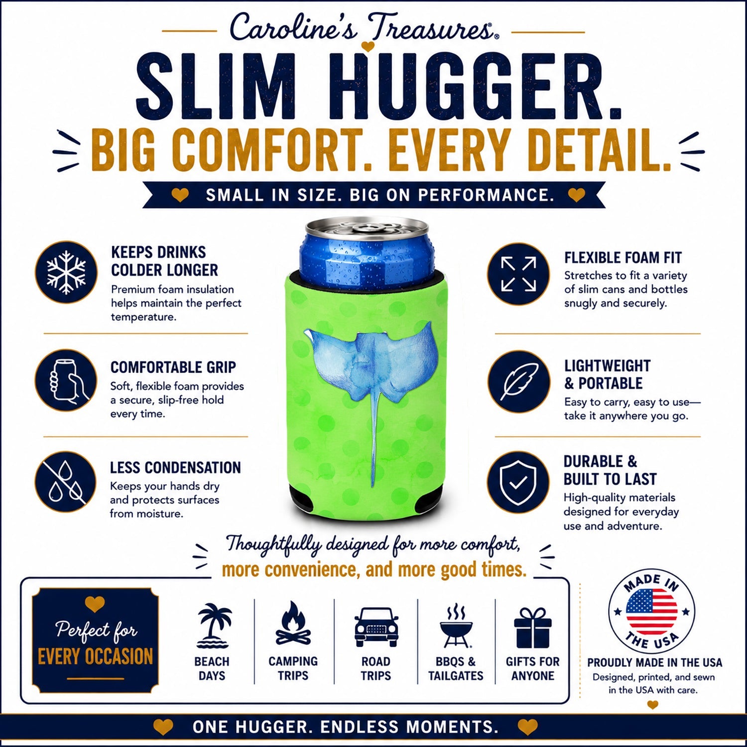 Sting Ray Green Polkadot Slim Can Hugger  Insulated Foam Sleeve for 12 oz Slim Cans, Beer Bottles & Water Bottles, Made in USA