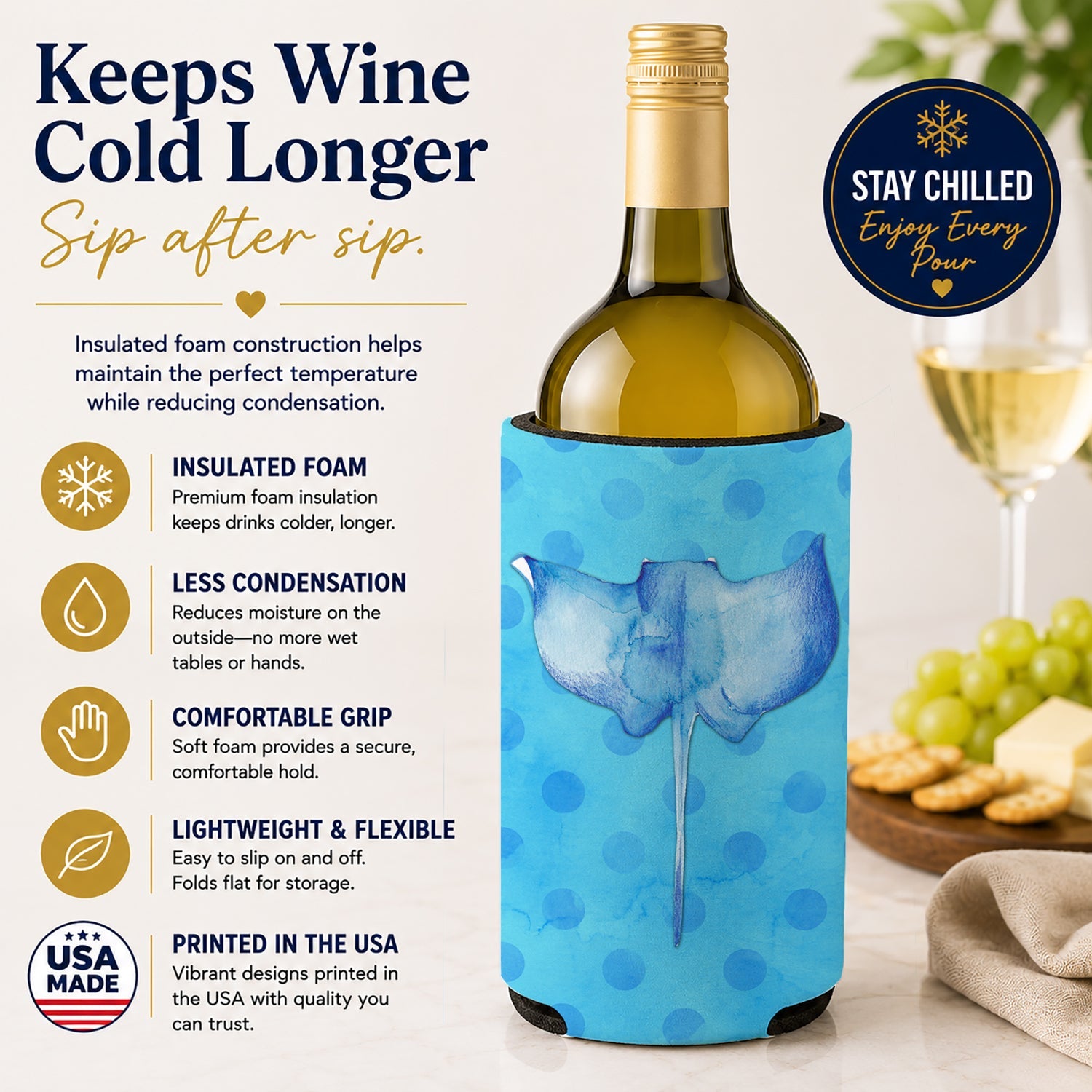 Sting Ray Blue Polkadot Wine Bottle Hugger Gift Sleeve for Standard 750 ml Bottles, Insulated Reusable Fits Mini Shot & Pint Bottles
