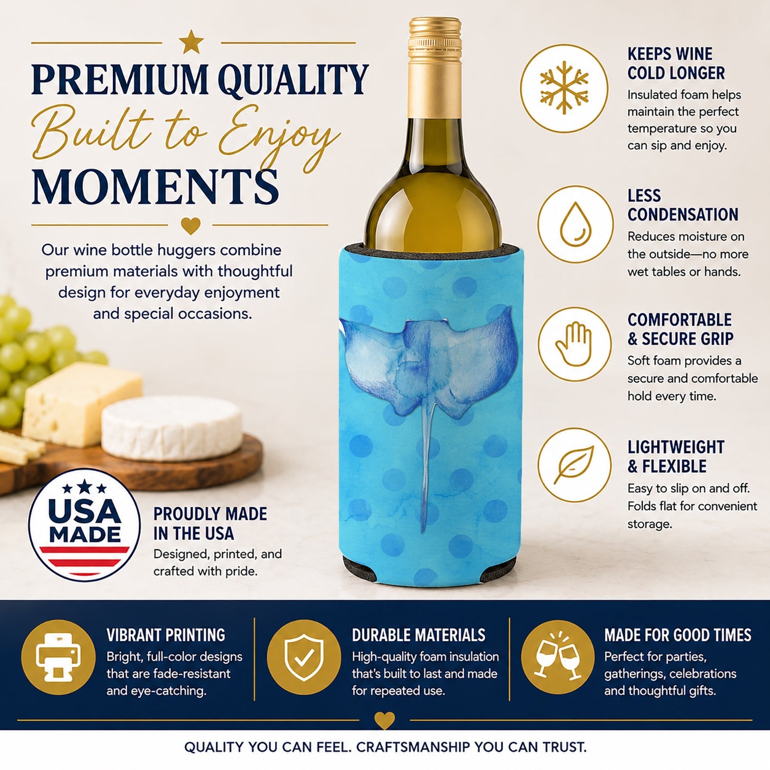 Sting Ray Blue Polkadot Wine Bottle Hugger Gift Sleeve for Standard 750 ml Bottles, Insulated Reusable Fits Mini Shot & Pint Bottles
