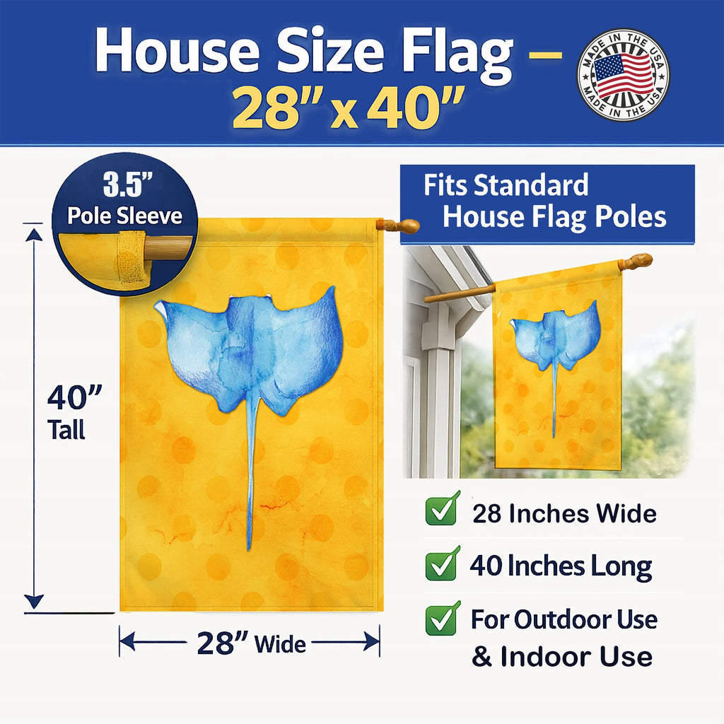 Sting Ray Yellow Polkadot House Flag 28x40 Porch Sleeve Pole Decorative Outside Yard Banner Artwork Wall Hanging, Polyester
