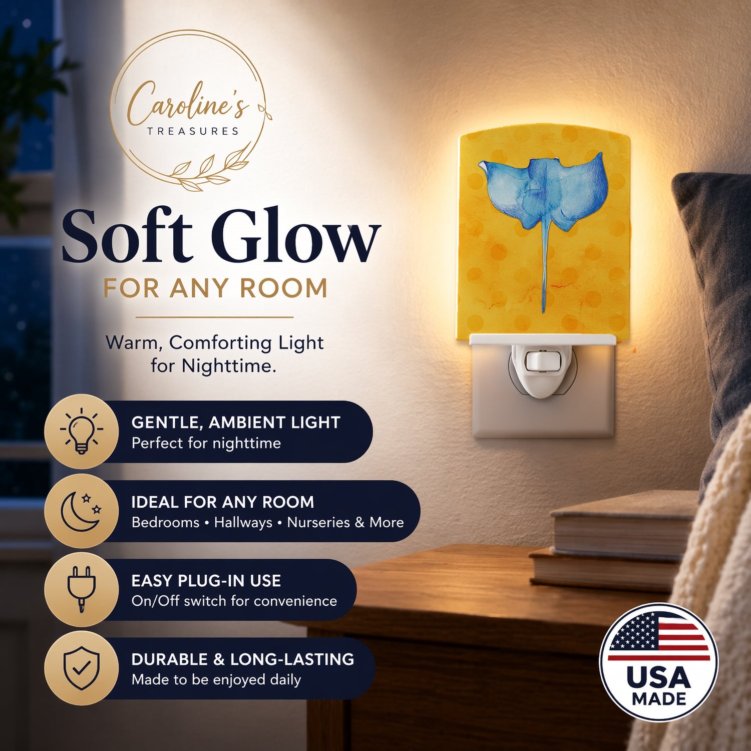 Sting Ray Yellow Polkadot Ceramic Night Light Compact, UL-Certified, Ideal for Bedroom, Bathroom, Nursery, Hallway, Kitchen, 6x4x3, Multicolor