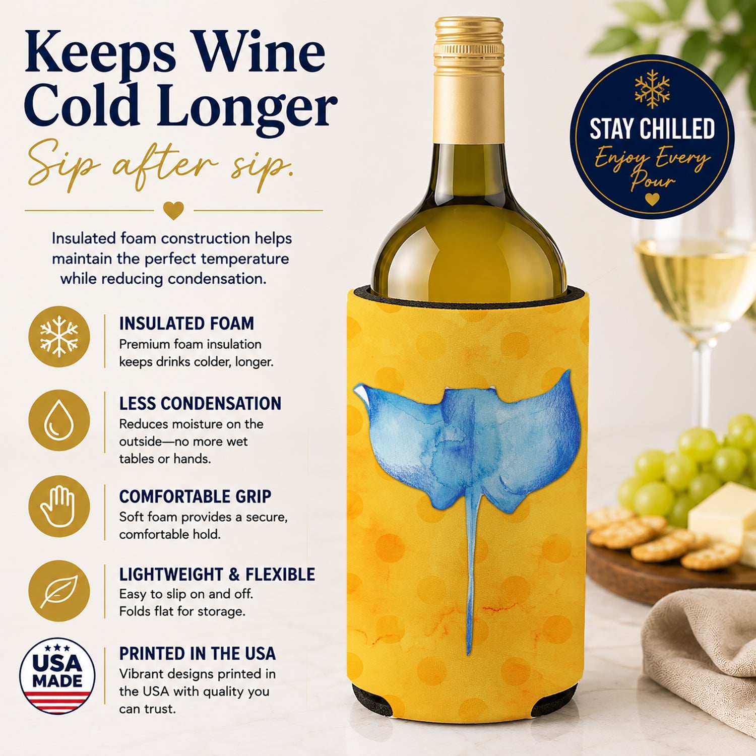 Sting Ray Yellow Polkadot Wine Bottle Hugger Gift Sleeve for Standard 750 ml Bottles, Insulated Reusable Fits Mini Shot & Pint Bottles