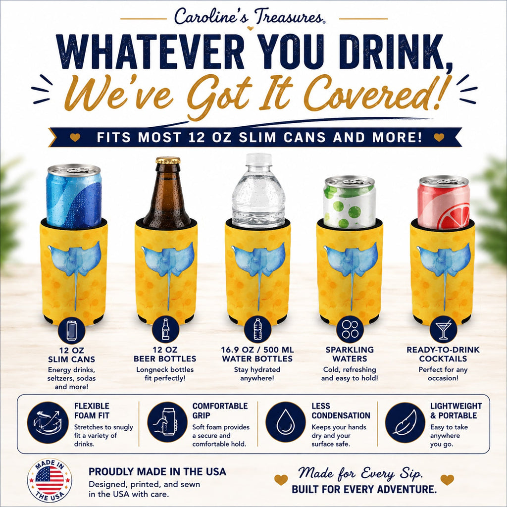 Sting Ray Yellow Polkadot Slim Can Hugger  Insulated Foam Sleeve for 12 oz Slim Cans, Beer Bottles & Water Bottles, Made in USA