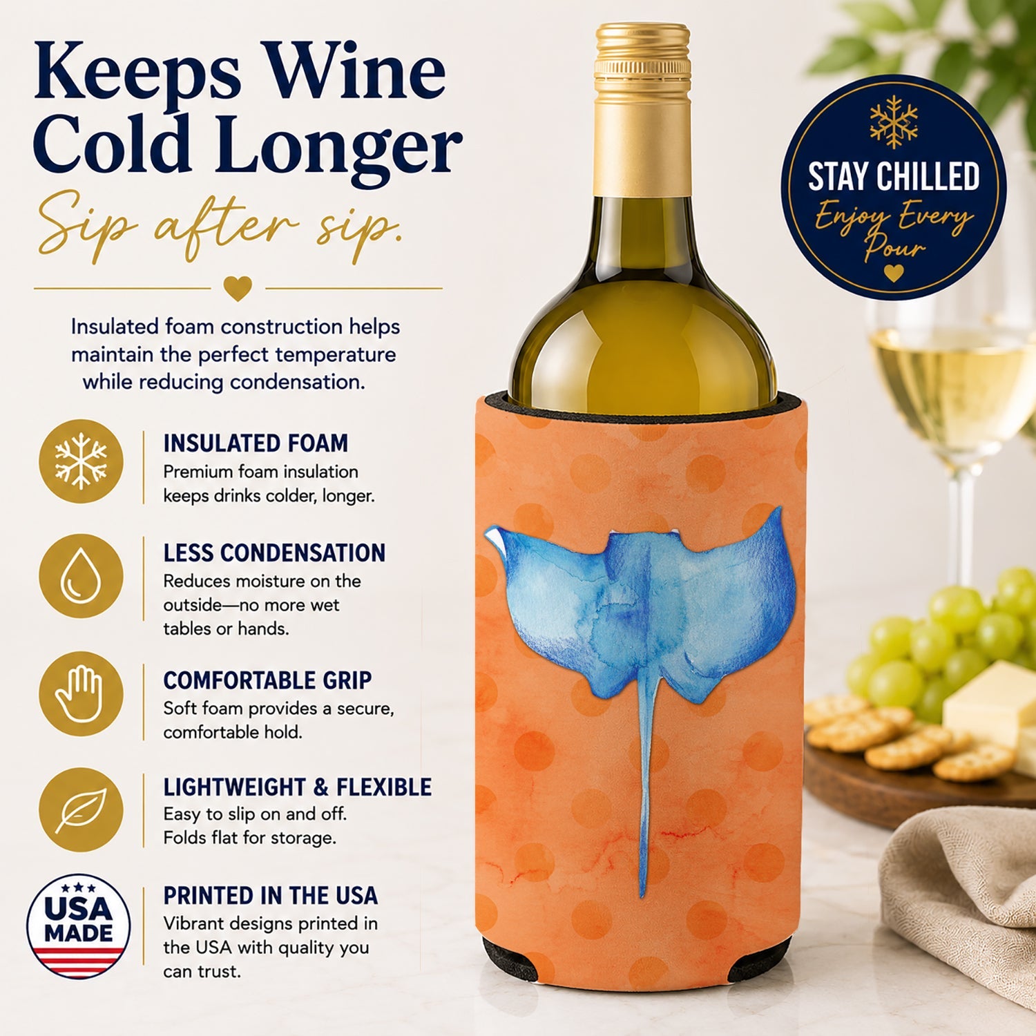 Sting Ray Orange Polkadot Wine Bottle Hugger Gift Sleeve for Standard 750 ml Bottles, Insulated Reusable Fits Mini Shot & Pint Bottles