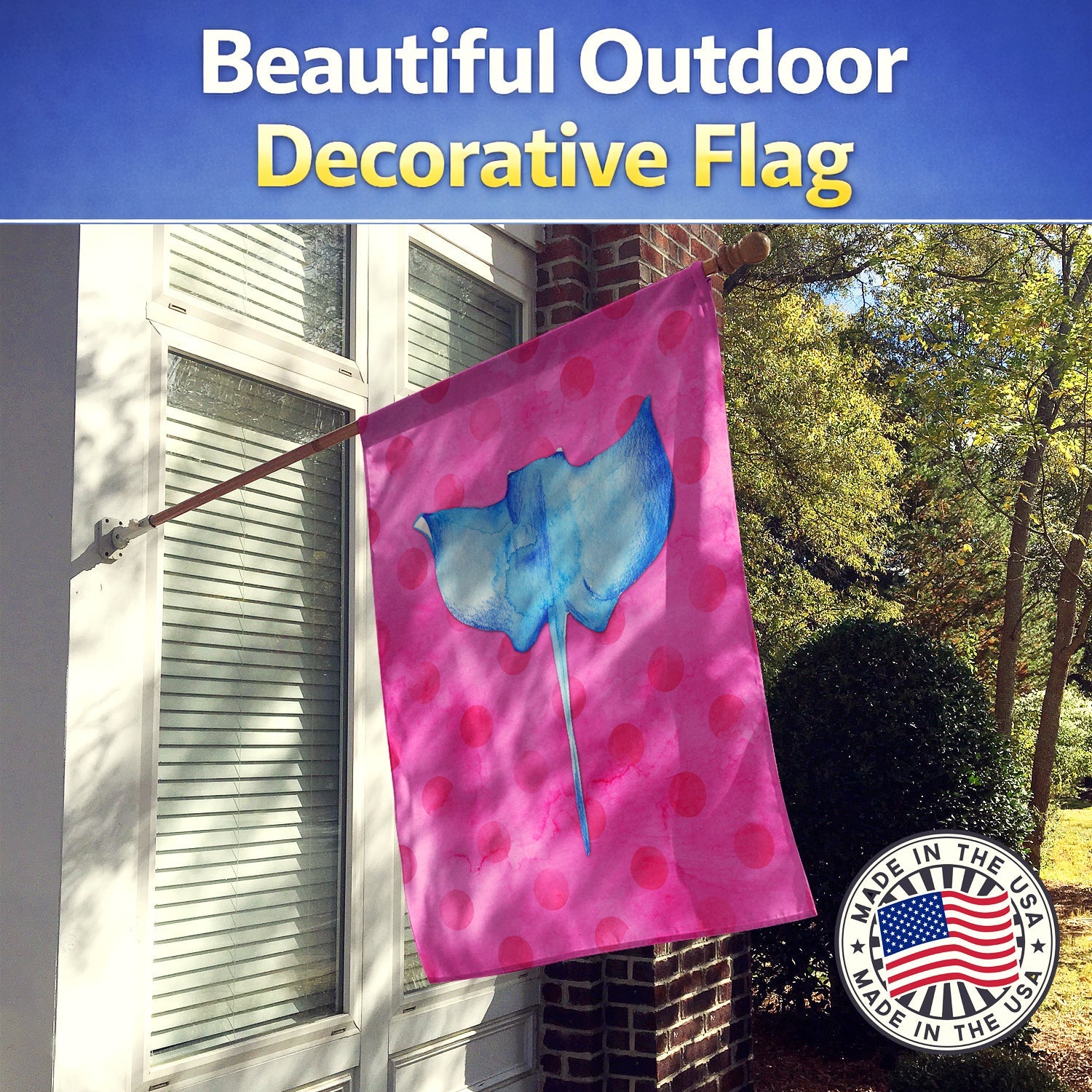 Sting Ray Pink Polkadot House Flag 28x40 Porch Sleeve Pole Decorative Outside Yard Banner Artwork Wall Hanging, Polyester