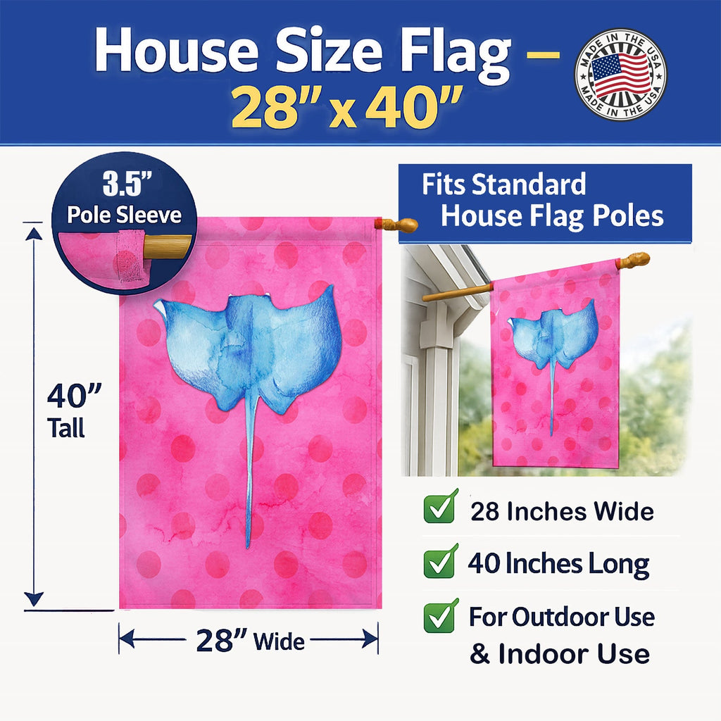 Sting Ray Pink Polkadot House Flag 28x40 Porch Sleeve Pole Decorative Outside Yard Banner Artwork Wall Hanging, Polyester
