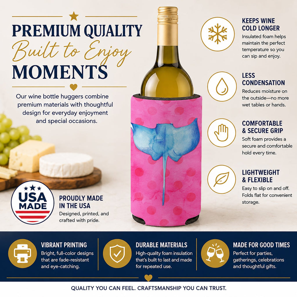 Sting Ray Pink Polkadot Wine Bottle Hugger Gift Sleeve for Standard 750 ml Bottles, Insulated Reusable Fits Mini Shot & Pint Bottles