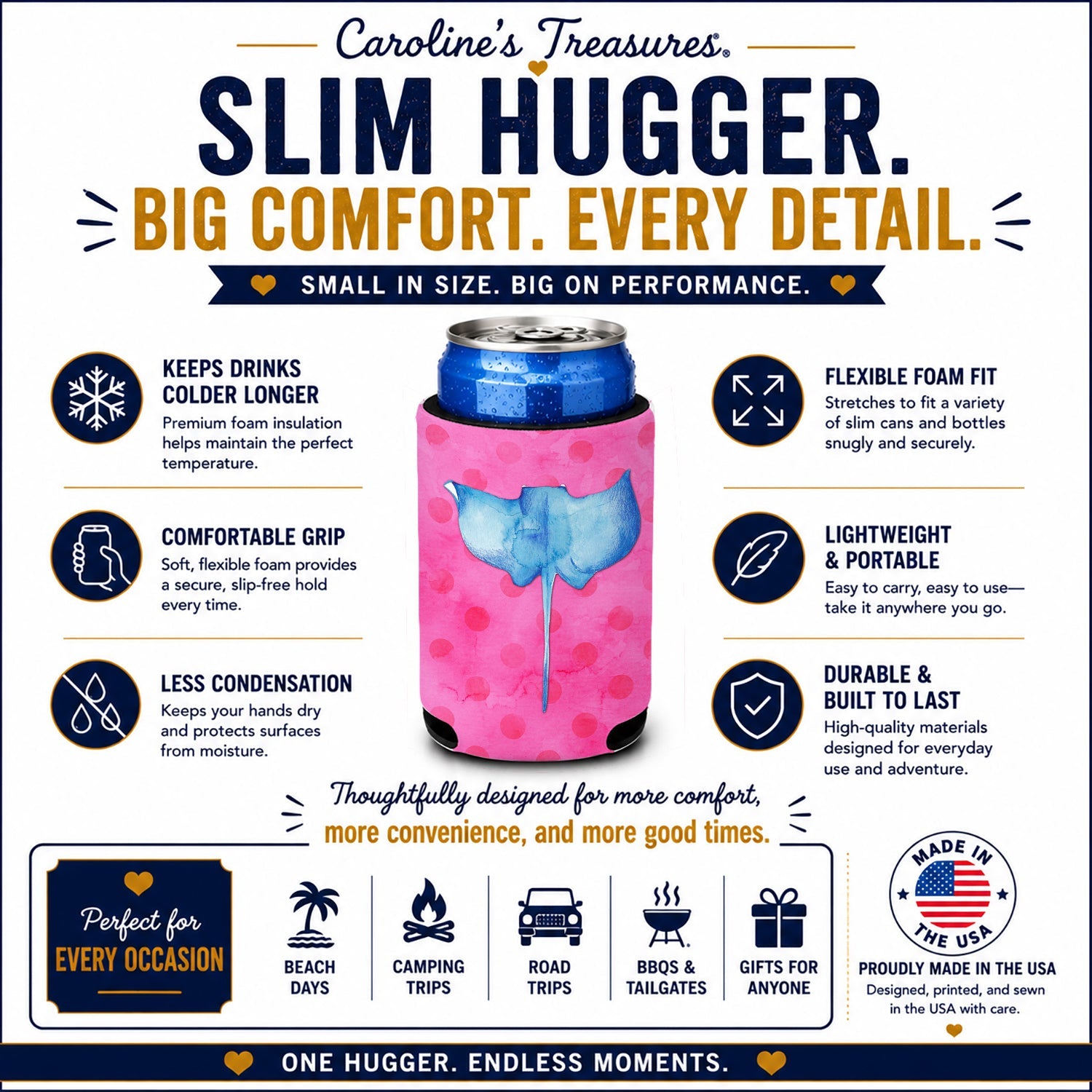 Sting Ray Pink Polkadot Slim Can Hugger  Insulated Foam Sleeve for 12 oz Slim Cans, Beer Bottles & Water Bottles, Made in USA